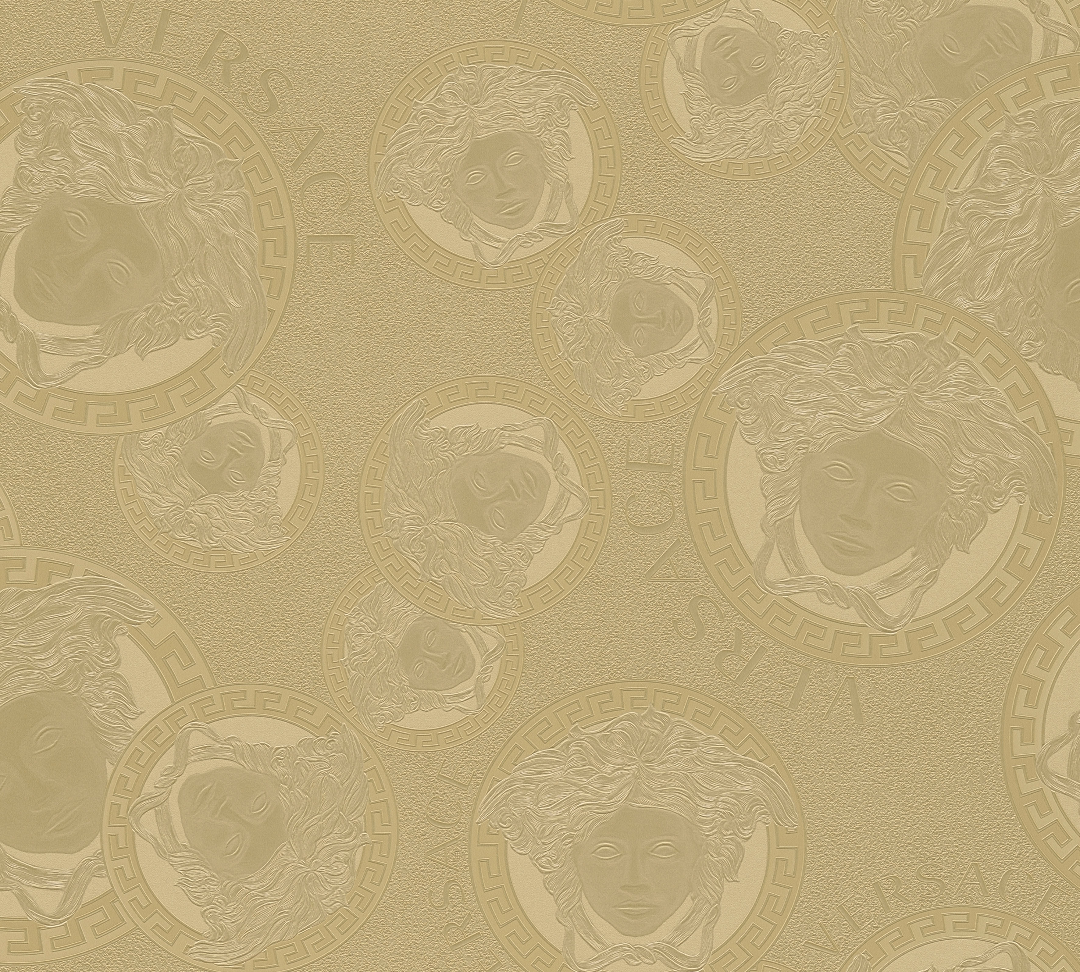 Versace "Wallpaper Versace 5 Medusakopf Metallic" glänzend hochglänzend metallic leicht strukturiert Designertapete Tapeten Wohnzimmer Schlafzimmer Küche modern Flur Optik