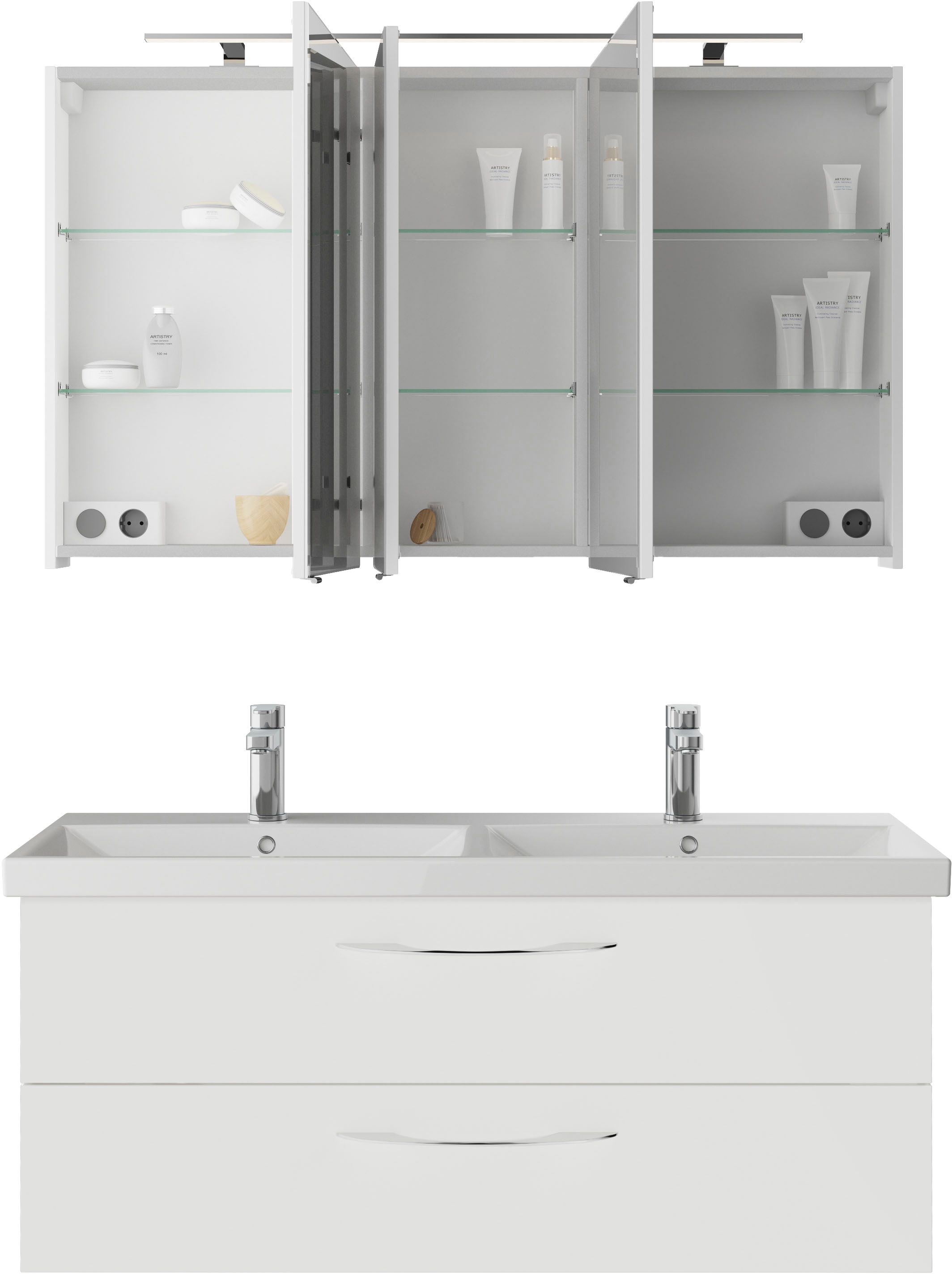 Saphir Badmöbel-Set »Serie 4035 2-teilig, Keramik-Doppelwaschtisch mit LED-Spiegelschrank«, (Set), Doppel-Waschplatz inkl Türdämpfer, 120 cm breit, 2 Schubladen, 3 Türen