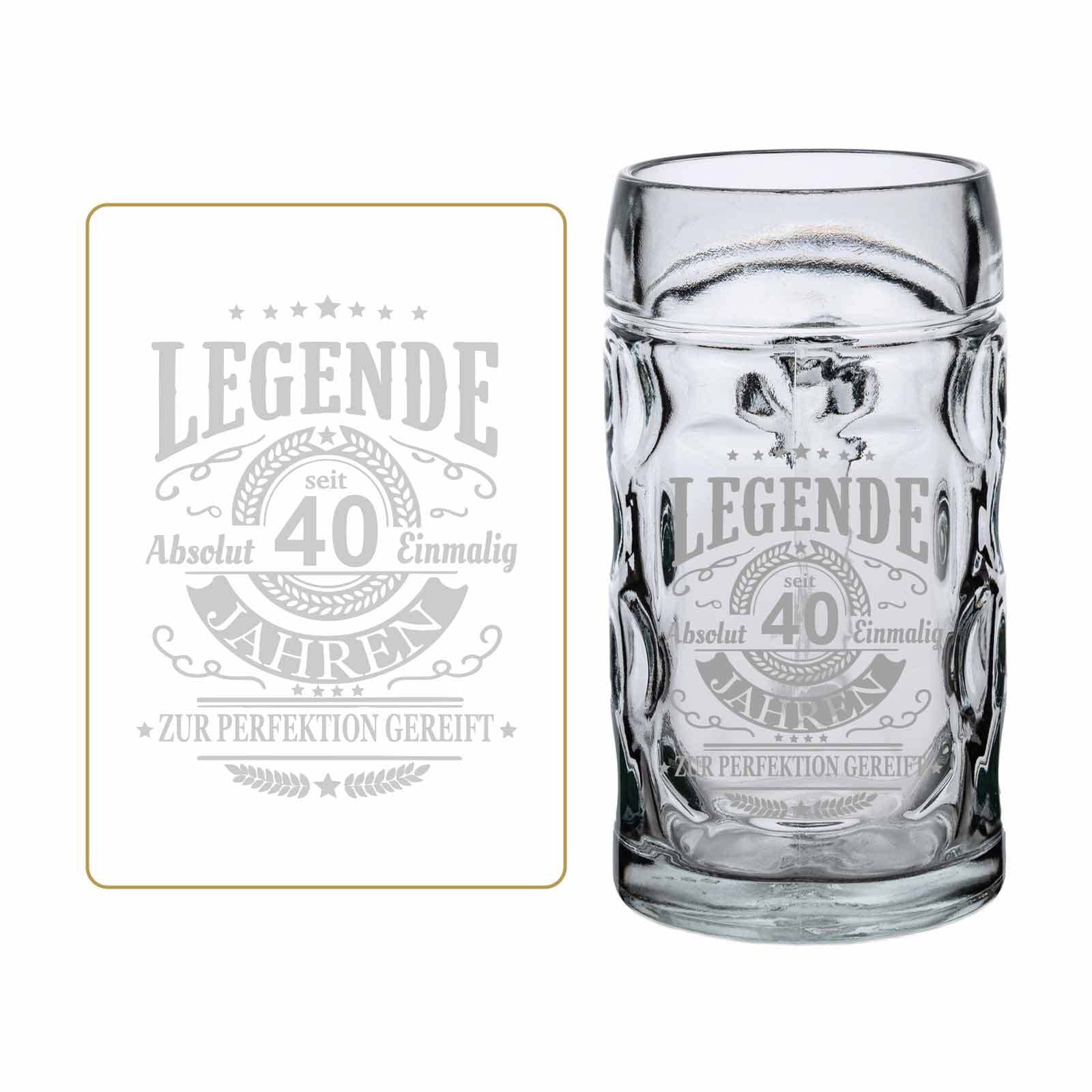 LUXENTU Engraved Glass Beer Stein "Legende seit 40 Jahren" 0.5L