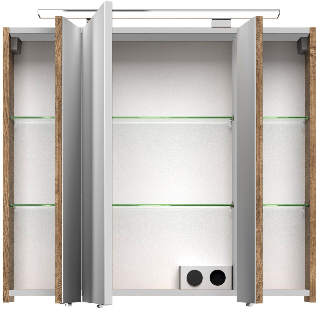 Saphir Badezimmerspiegelschrank »Serie 4010 Badezimmer-Spiegelschrank inkl. LED-Aufsatzleuchte«, Badschrank 80 cm breit, 3 Türen, 6 Glas-Einlegeböden, inkl Türdämpfer