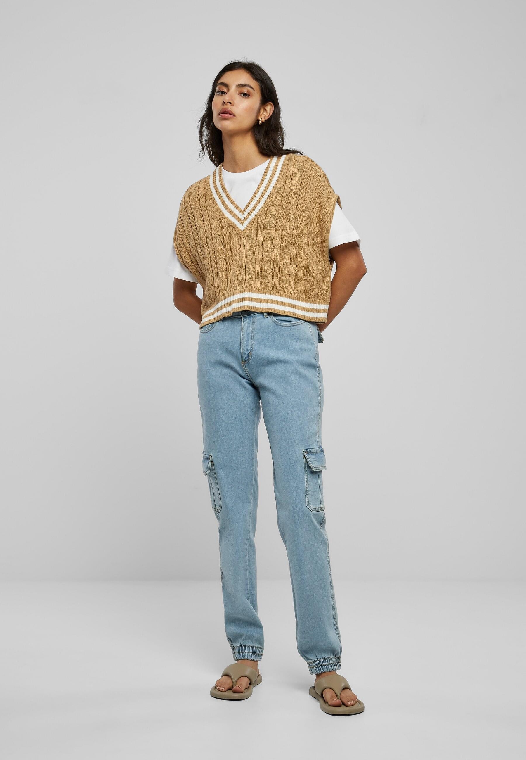 URBAN CLASSICS Rundhalspullover »Urban Classics Damen Ladies Cropped Knit College Slipover«, (1 tlg.)
