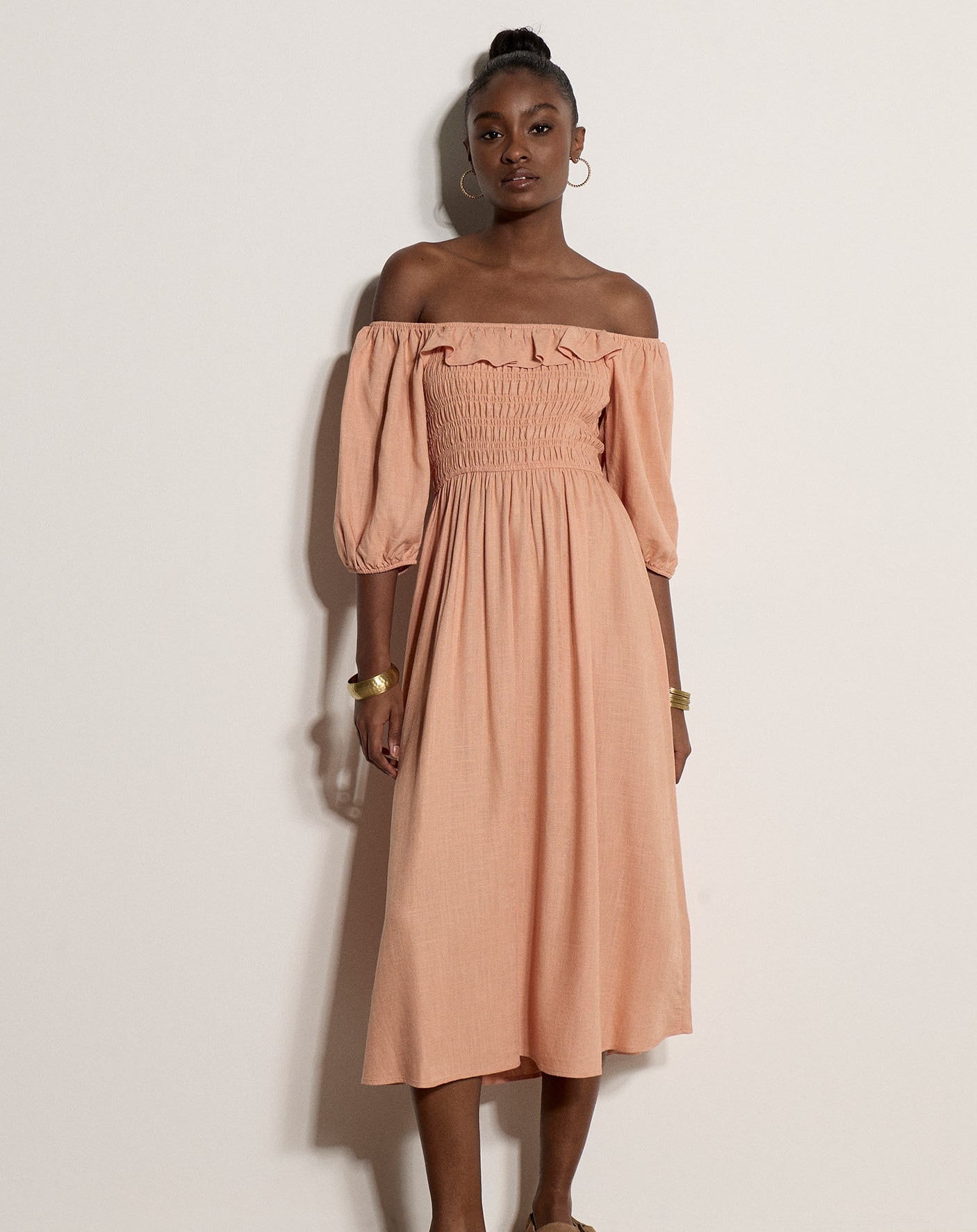 Apricot Maxikleid "Langes Kleid mit Bardot-Ausschnitt" mit Raffungen