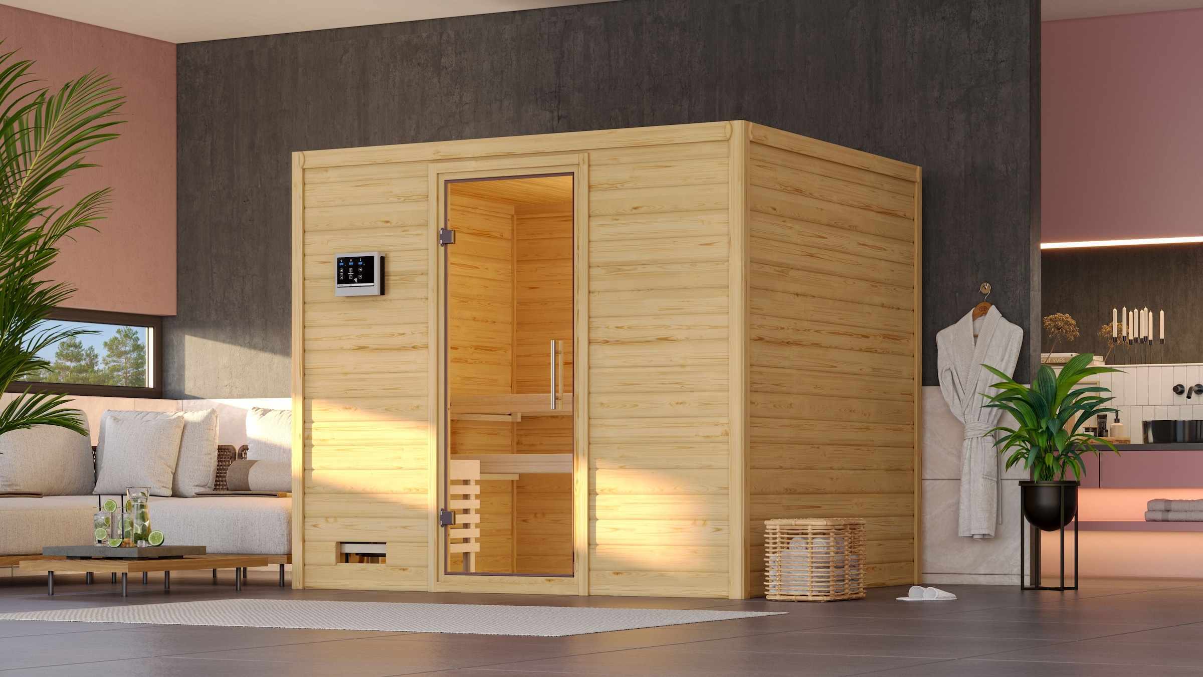 Karibu Sauna "Soraja" Set, 9-kW-Bio-Ofen mit externer Steuerung