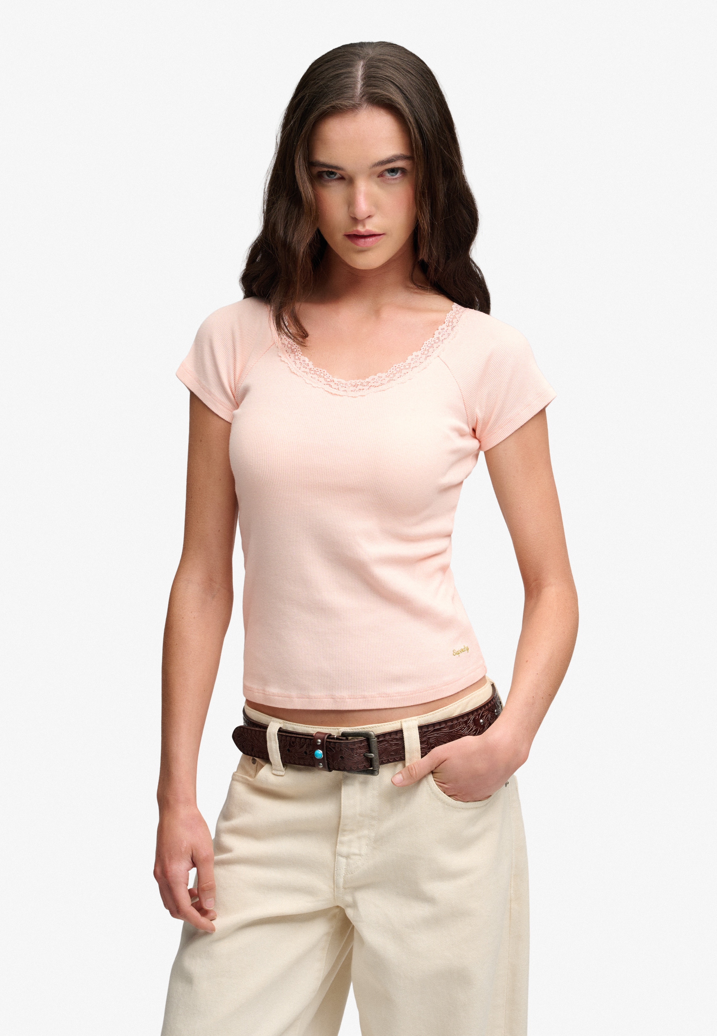 Superdry V-Shirt "ATH ESS LACE TRIM V TEE" mit Spitze