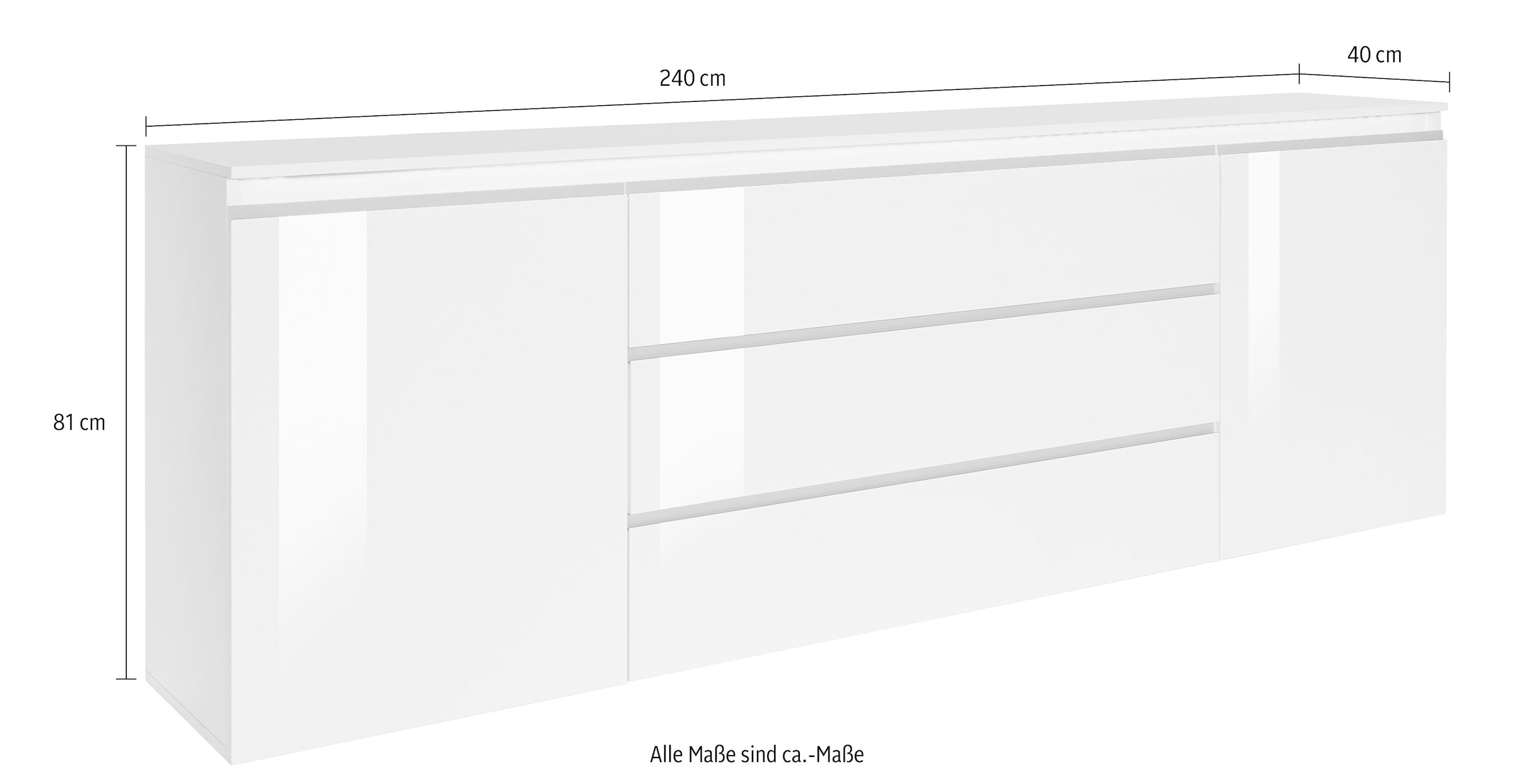 INOSIGN Sideboard »Magic, Kommode, Schrank, Büffet, Kredenz«, mit 2 Türen und 3 Schubkästen Weiß HG (B/T/H) 240x40x80 cm