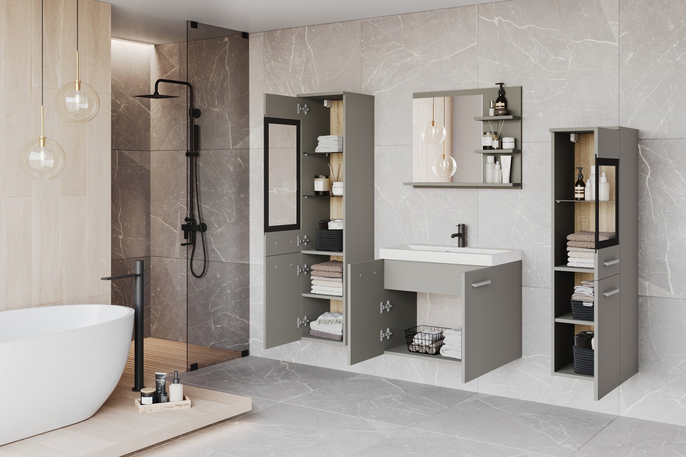 Thumbnail - welltime Badmöbel-Set "MADRIT" Komplett-Set, mit Waschbecken, 5 Stk. tlg.