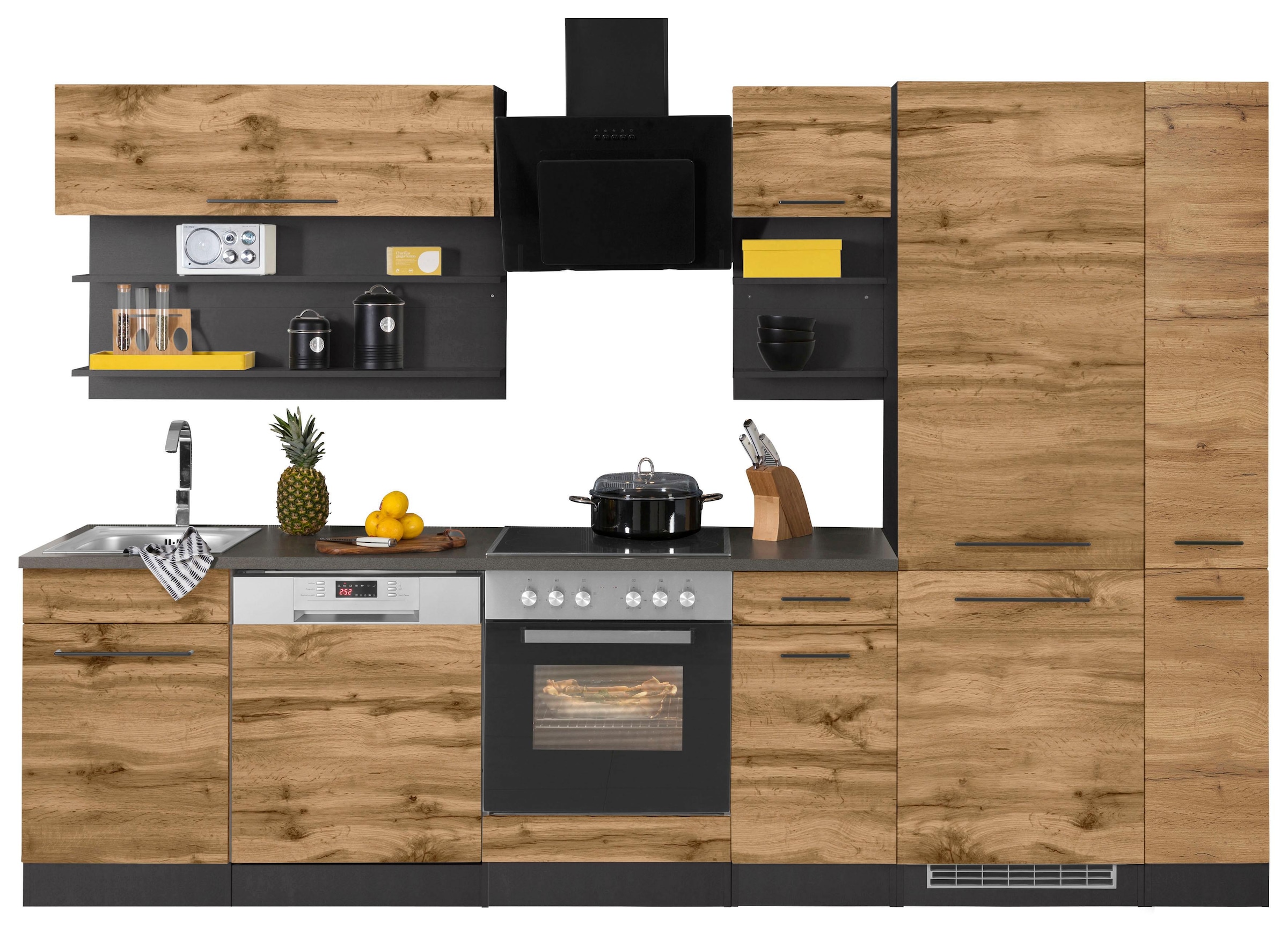 KOCHSTATION "KS-Tulsa" mit E-Geräten, Breite 300 cm, schwarze Metallgriffe, MDF Fronten