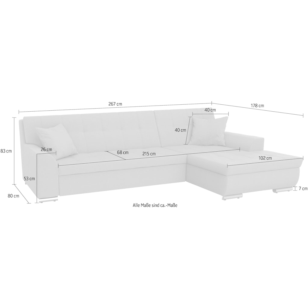 DOMO collection Ecksofa »Treviso viele Bezüge, auch in Cord, Schlafsofa, B/T/H: 267/80/83 cm«