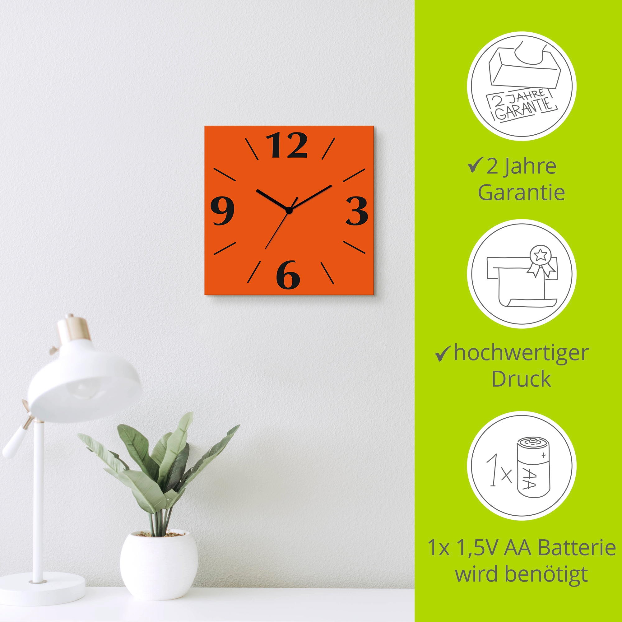 Wanduhr ARTLAND "Uni Trendfarben", orange, B:30cm H:30cm T:0,3cm, Wanduhren, Wanduhr, wahlweise mit Quarz- oder Funkuhrwerk, lautlos ohne Tickgeräusche 3