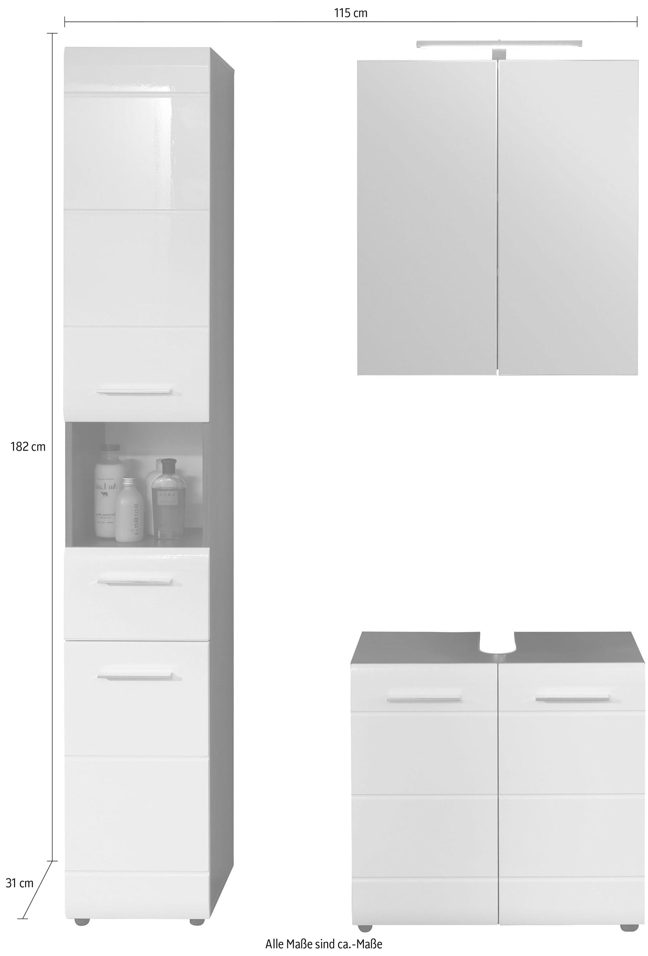 INOSIGN Badmöbel-Set »Sovana«, (Set, 3 St.), Hochschrank, Waschtisch und Spiegelschrank mit Beleuchtung