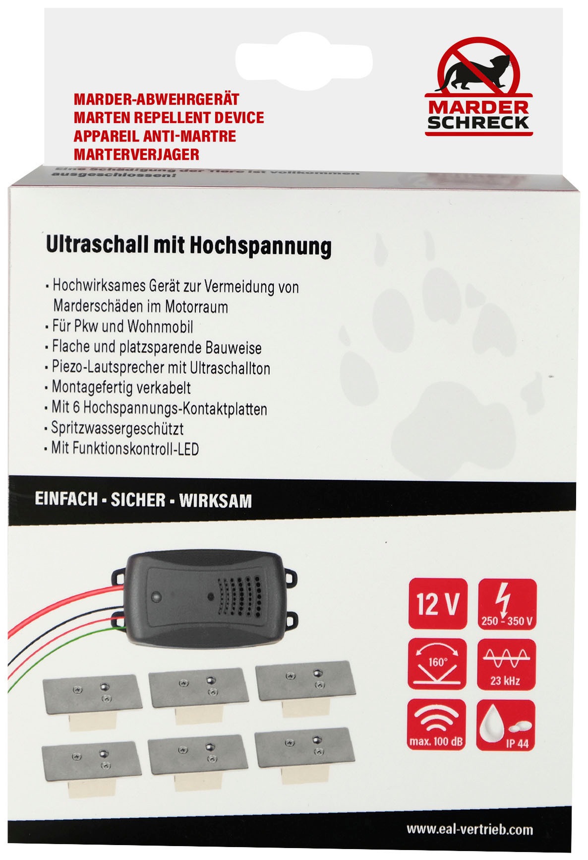 EUFAB Ultraschall-Tierabwehr, mit Hochspannung, gegen Marder, für PKW und Wohnmobil