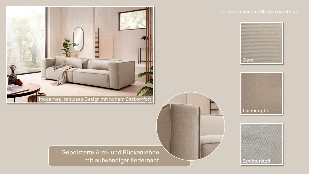 Thumbnail - LeGer Home by Lena Gercke 3-Sitzer "PIARA, Couch mit Kedernaht, Sofa in Cord oder Leinenoptik", schwarze Füße, bequemer ...