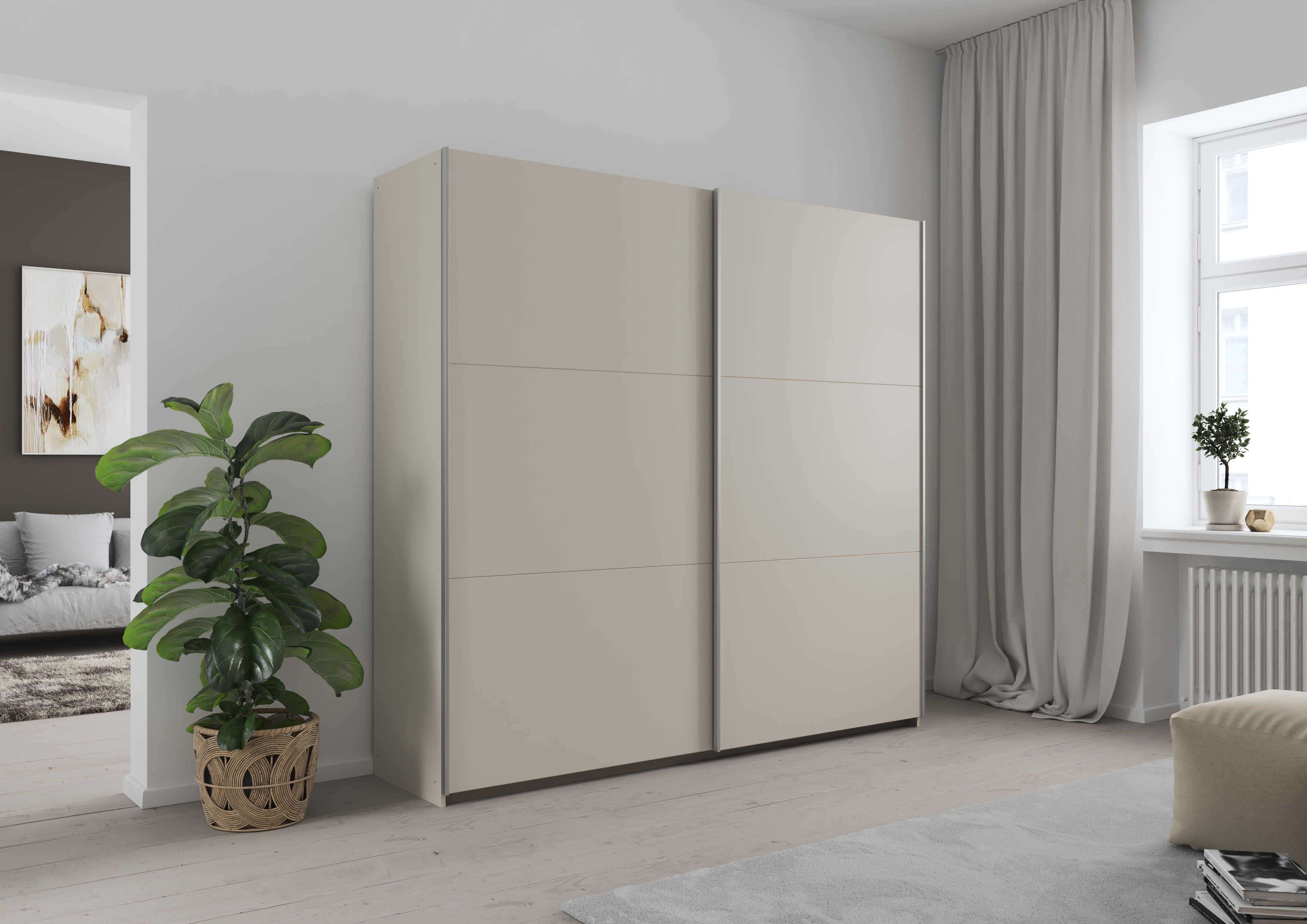 rauch Schwebetürenschrank "AURELIO Kleiderschrank Garderobe" 3 Ausstattungen BASIC/CLASSIC/PREMIUM (inkl. SOFT-CLOSE-FUNKTION), 3 verschiedene Ausstattungsvarianten Griffe aus Metall MADE IN GERMANY
