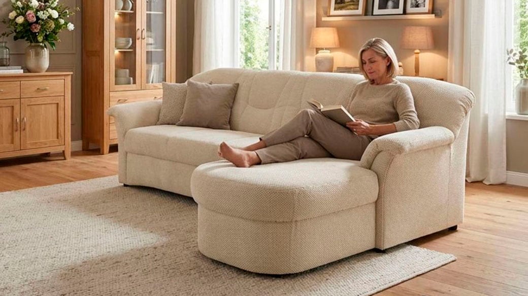 OTTO home Ecksofa "Langelland 232 x 146 cm, auch mit Schlaffunktion, mittelfester Sitz" L-Form, mit Federkern, pflegeleichter Pet Friendly Bezugsstoff