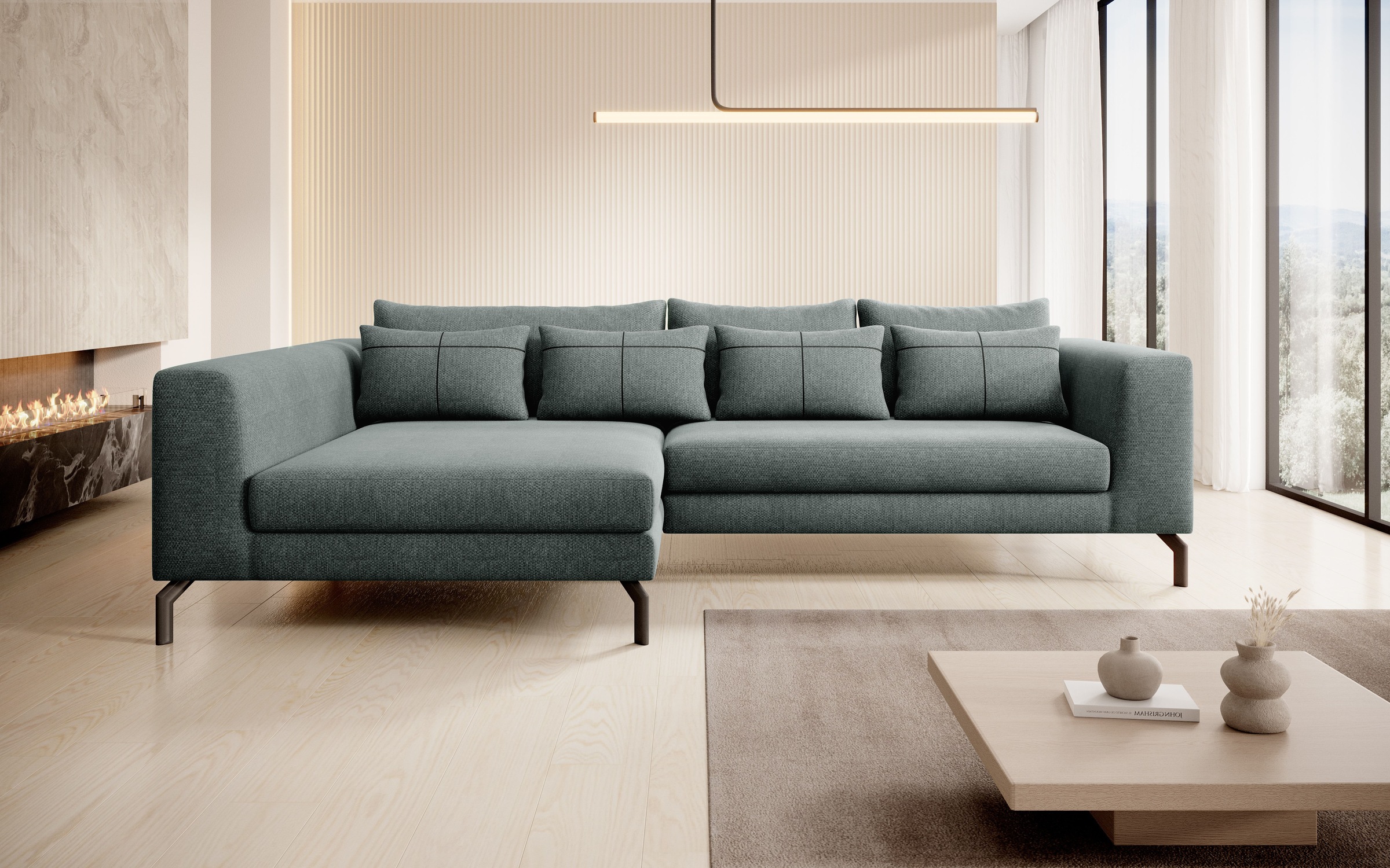 INOSIGN Ecksofa »Cross, mit softem Sitz, L-Form, wendbare Zierkissen, Breite 284 cm«, Couch mit vielen Kissen, stylische Kreuznaht, elegante Metallfüße