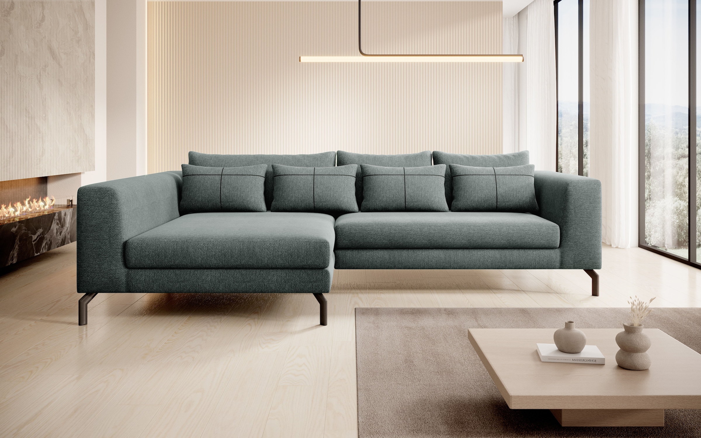 Home affaire Ecksofa "Cross, mit softem Sitz, L-Form, wendbare Zierkissen, Breite 284 cm" Couch mit vielen Kissen, stylische Kreuznaht, elegante Metallfüße