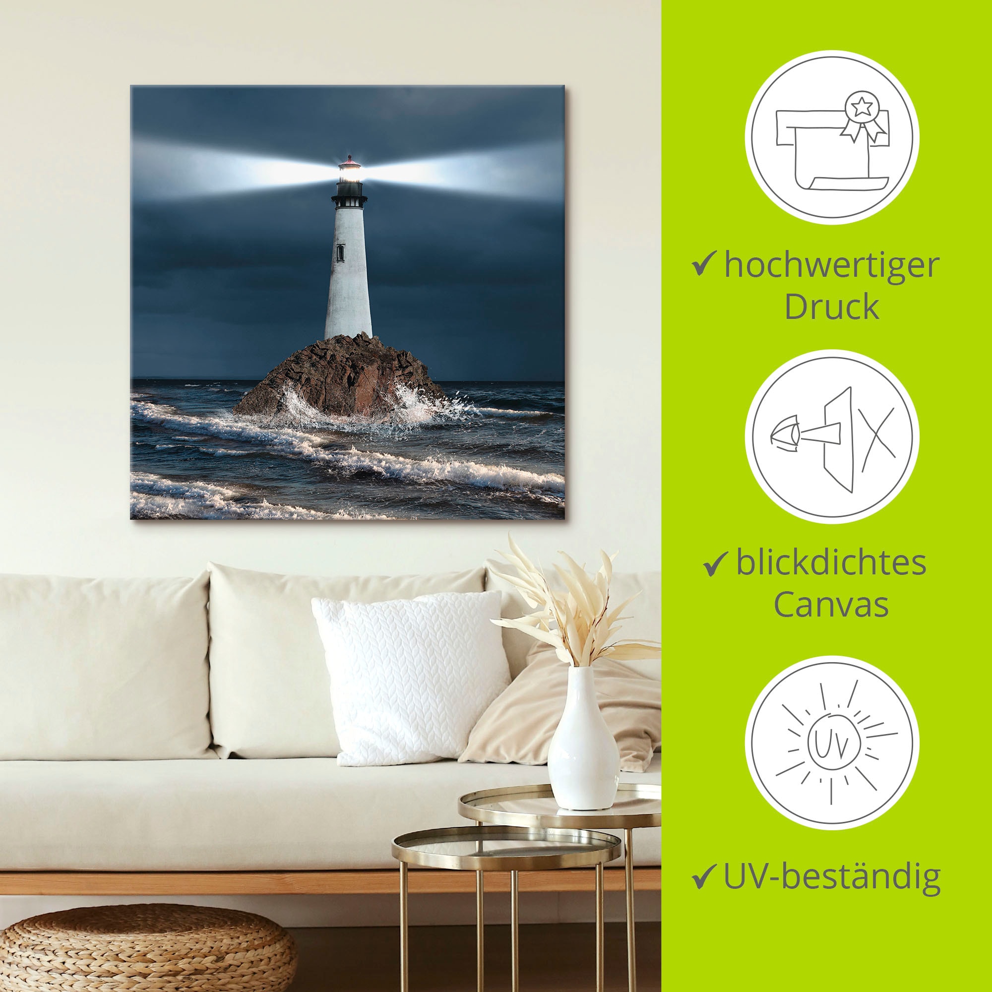 Artland Leinwandbild »Bild von Leuchtturm mit Lichtstrahl« Gebäude 1 Stk. tlg. auf Holzrahmen gespannt