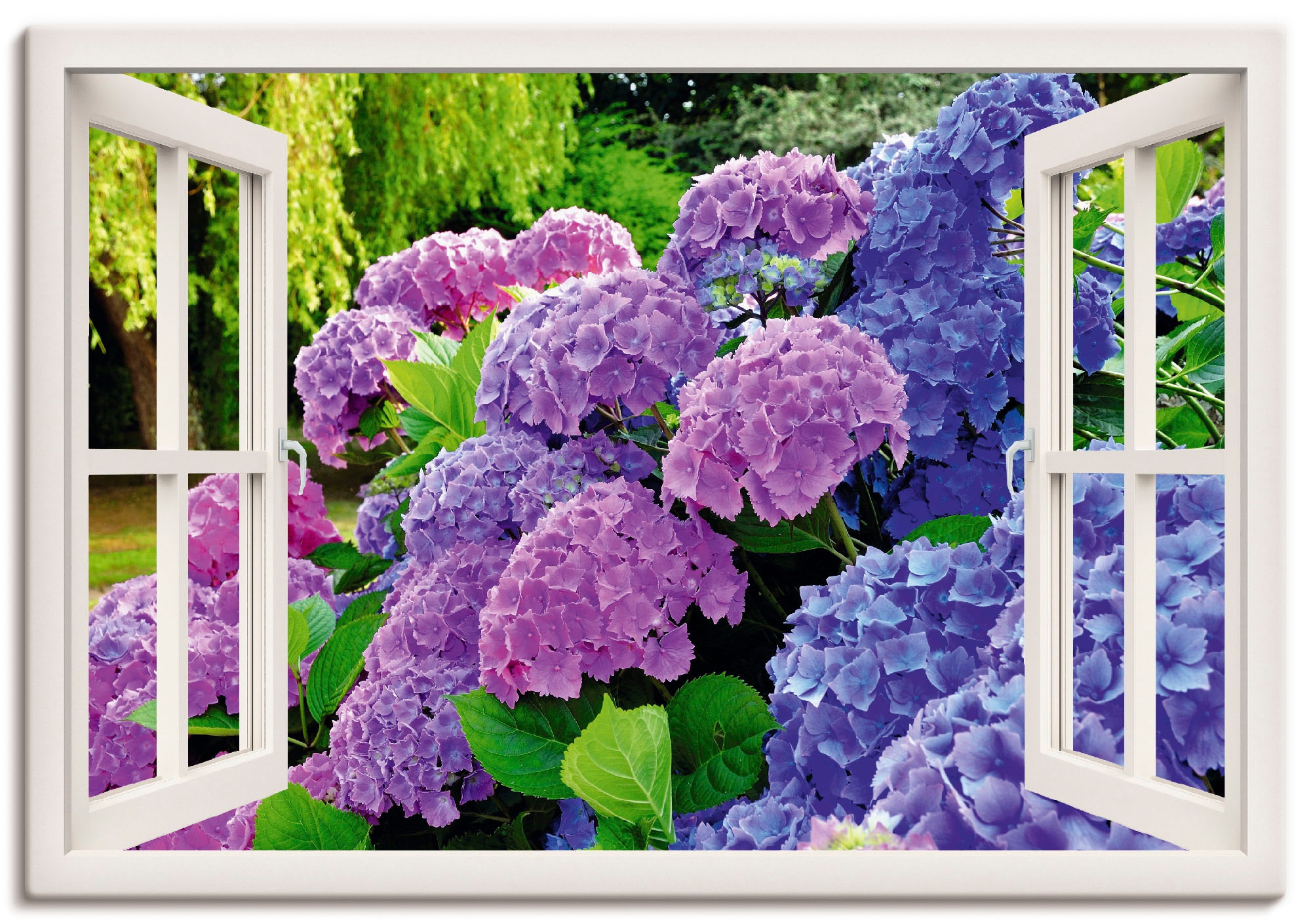 Artland Wandbild "Fensterblick Hortensien im Garten", Blumen, (1 St.), als günstig online kaufen