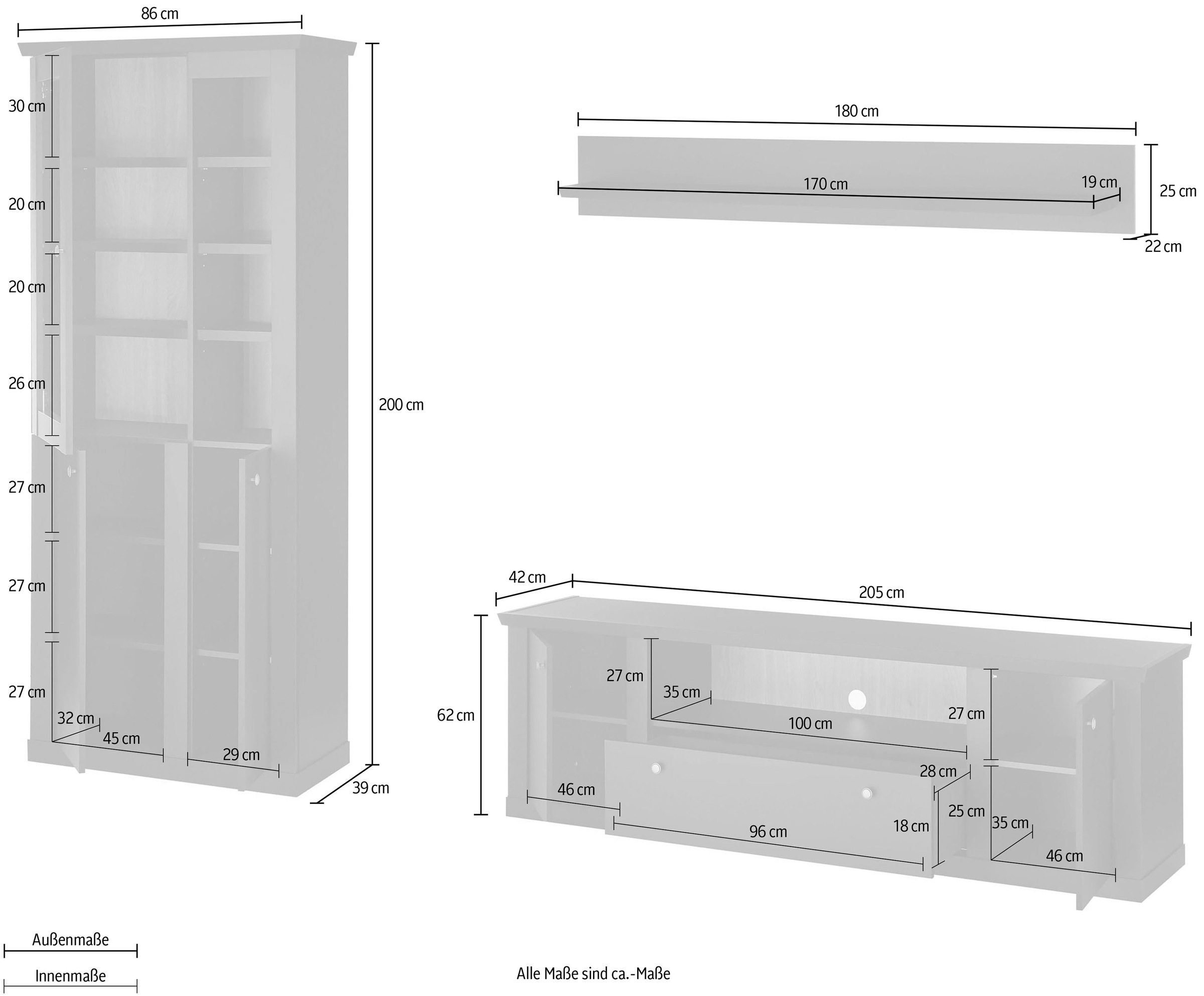 Home affaire Wohnwand »Lincoln, moderne Anbauwand, Komplettset im Landhausstil« Komplett-Set, 3 Stk. tlg.