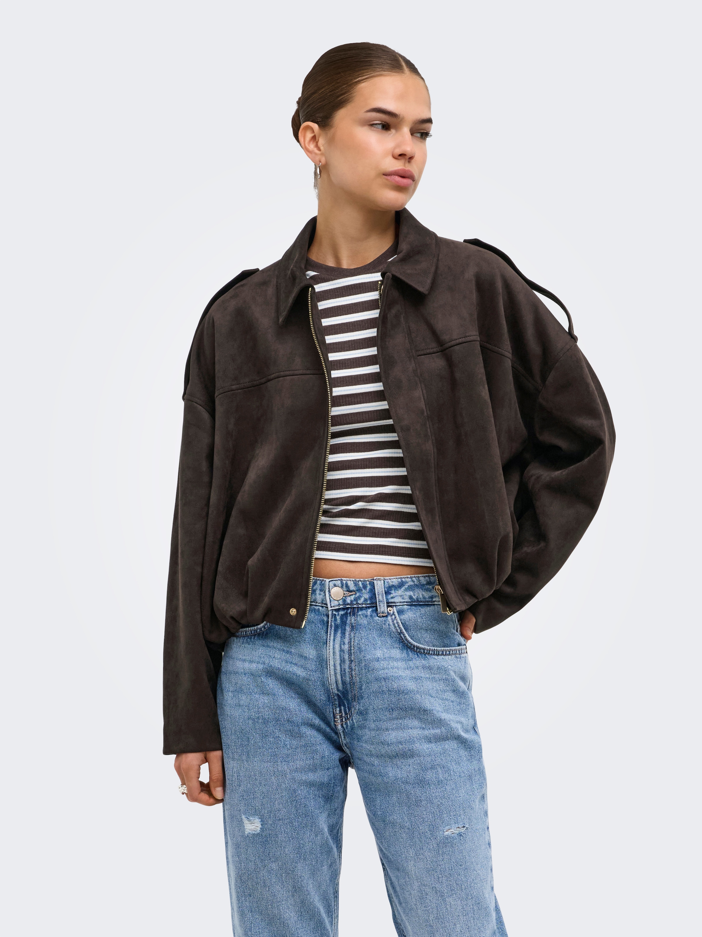 ONLY Blouson »ONLMOON-STINA FAUX SUEDE BOMBER PNT NOOS« Materialmix, Wildlederimitat