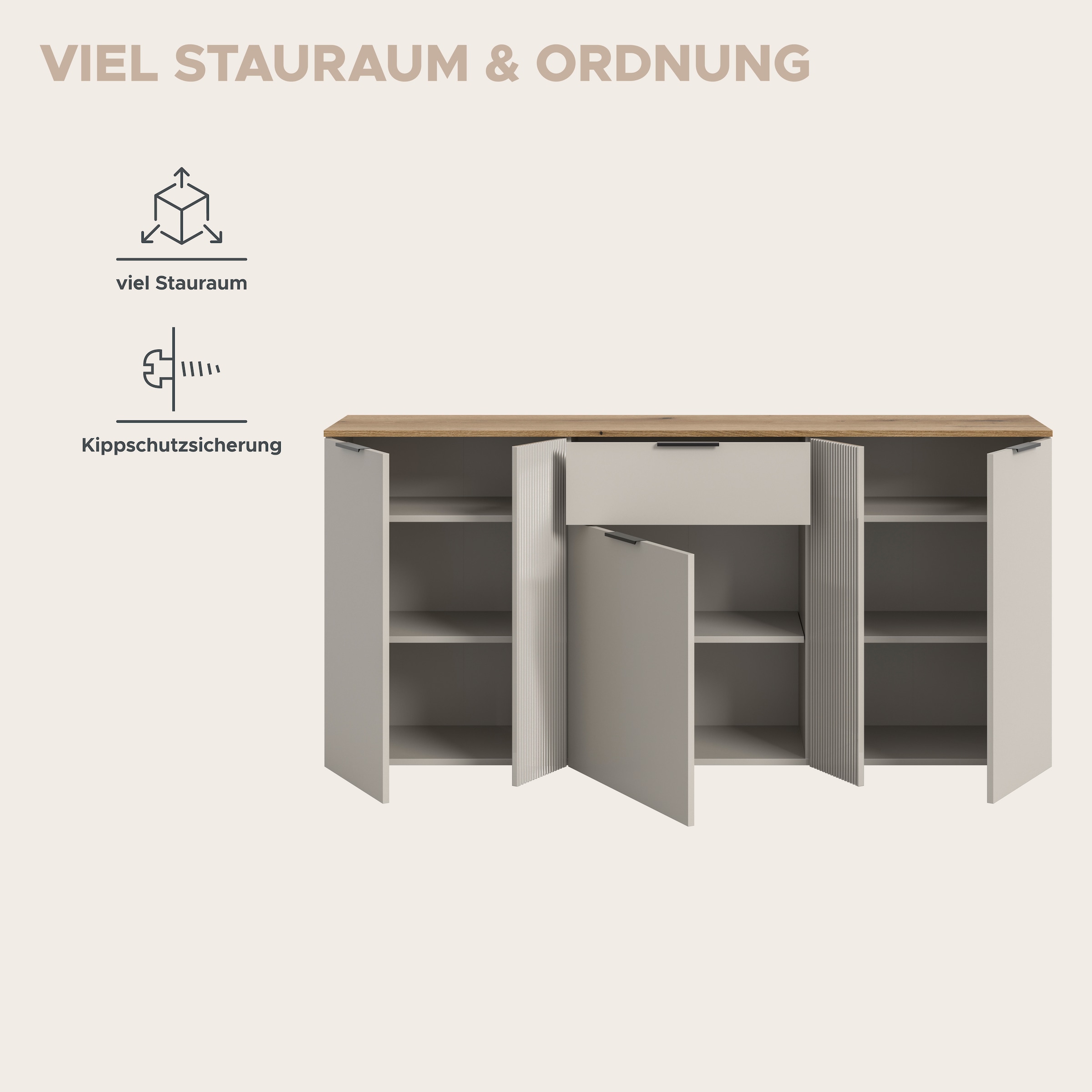 Home affaire Sideboard »EDIL, Breite 140 cm, 2 Türen, 4 Schubkästen, 2 Einlegeböden, 3 Fächer« Garderobenschrank, Schuhschrank, Schuhkommode, Kommode, Anrichte