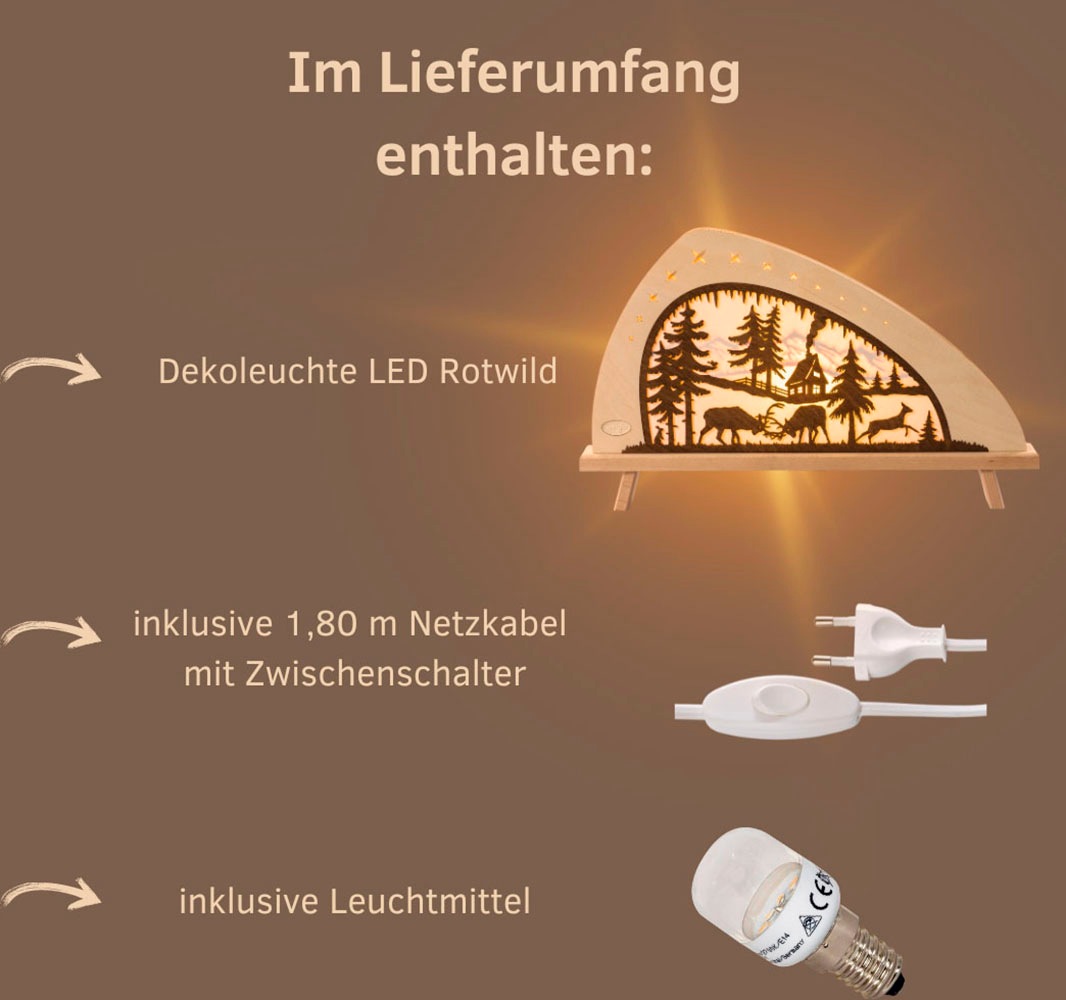 Weigla LED Lichterbogen »Rotwild, Schwibbogen aus Holz, Dekoleuchte, NATUR-BRAUN, Herbstdeko«, Erzgebirge garantiert, Weihnachtsdeko Innen, Weihnachtsbeleuchtung