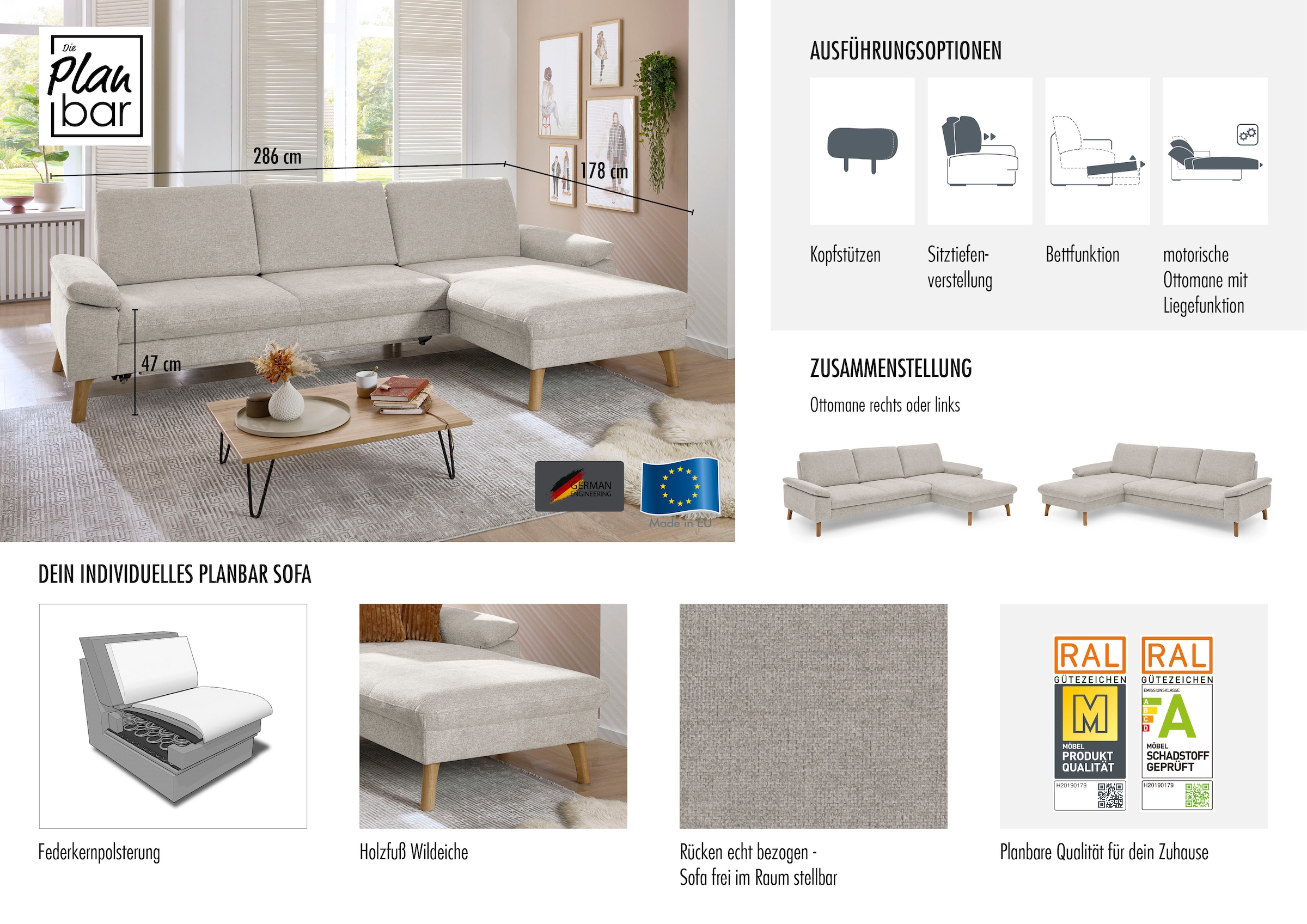 Die PlanBar Ecksofa »PP-LA24075 L-Form, Breite 286 cm« opt. mit Kopfstützen, Schlaffunktion, mot. Ottomane, Sitztiefenverst.