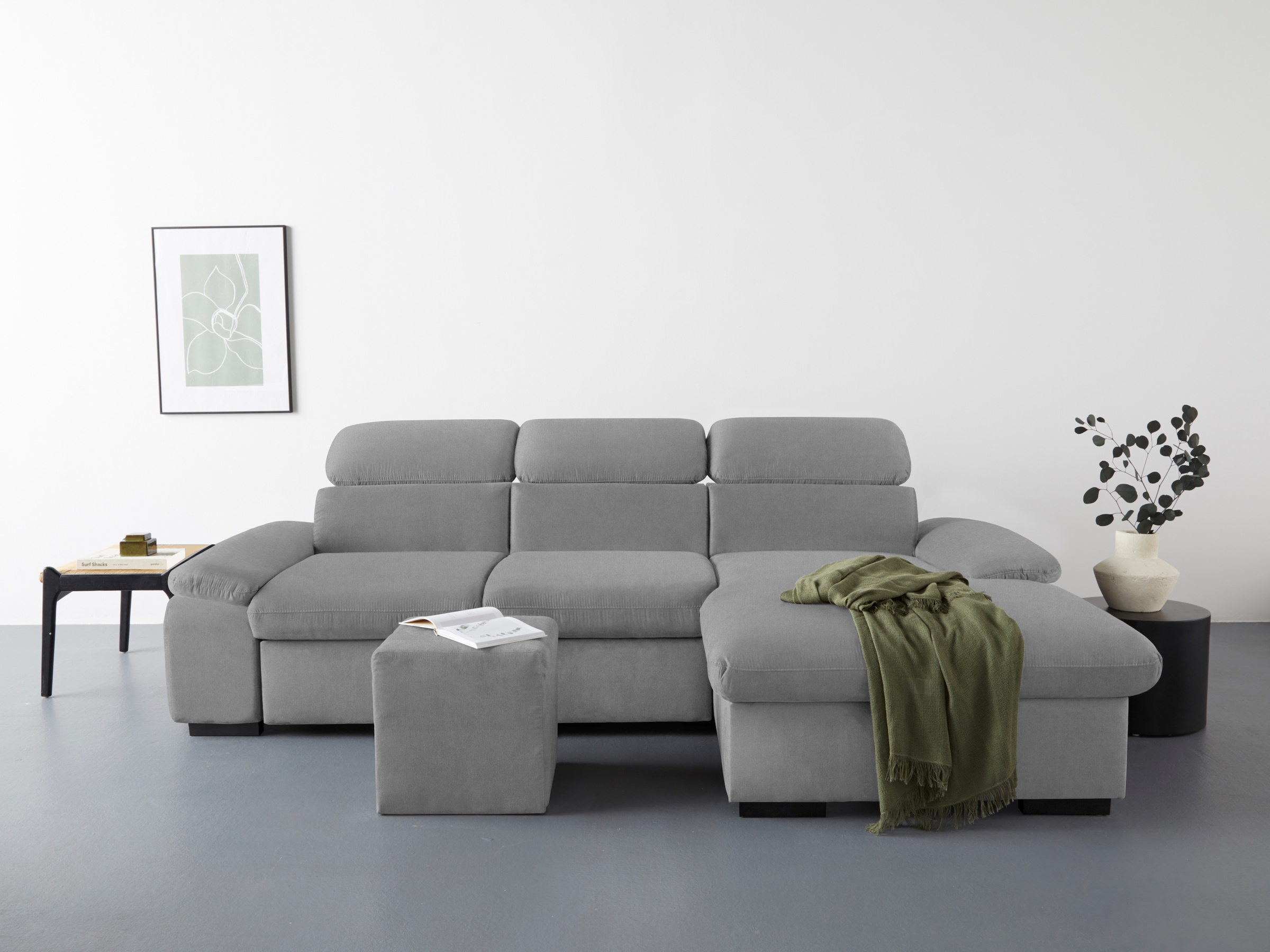 COTTA Ecksofa »Lola L-Form mit Kopfteilfunktion & Hocker«, (Set, mit Hocker), wahlweise mit Bettfunktion, Bettkasten & Armteilverstellung