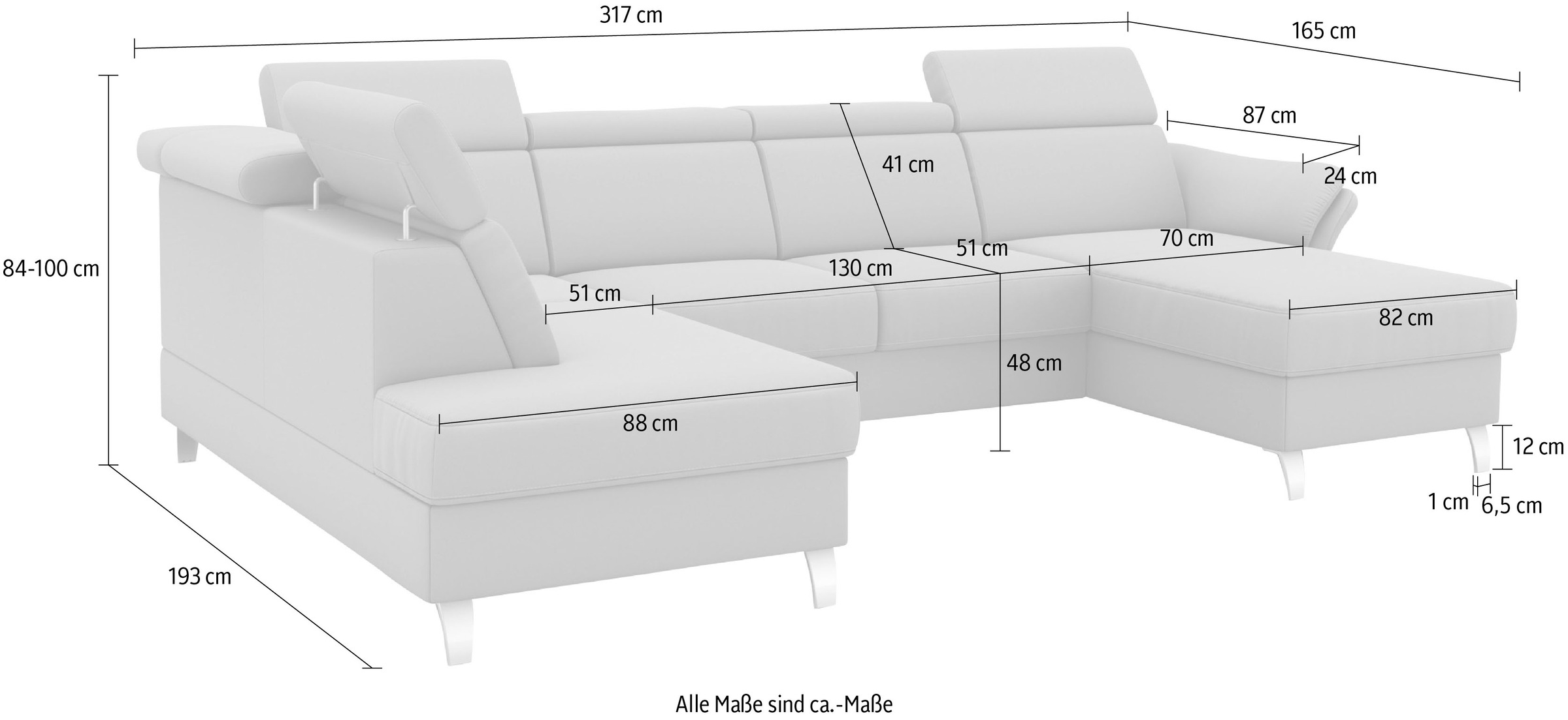 sit&more Wohnlandschaft »Vincenzo U-Form«, inklusive Kopfteilverstellung, wahlweise mit Bettfunktion, Bettkasten