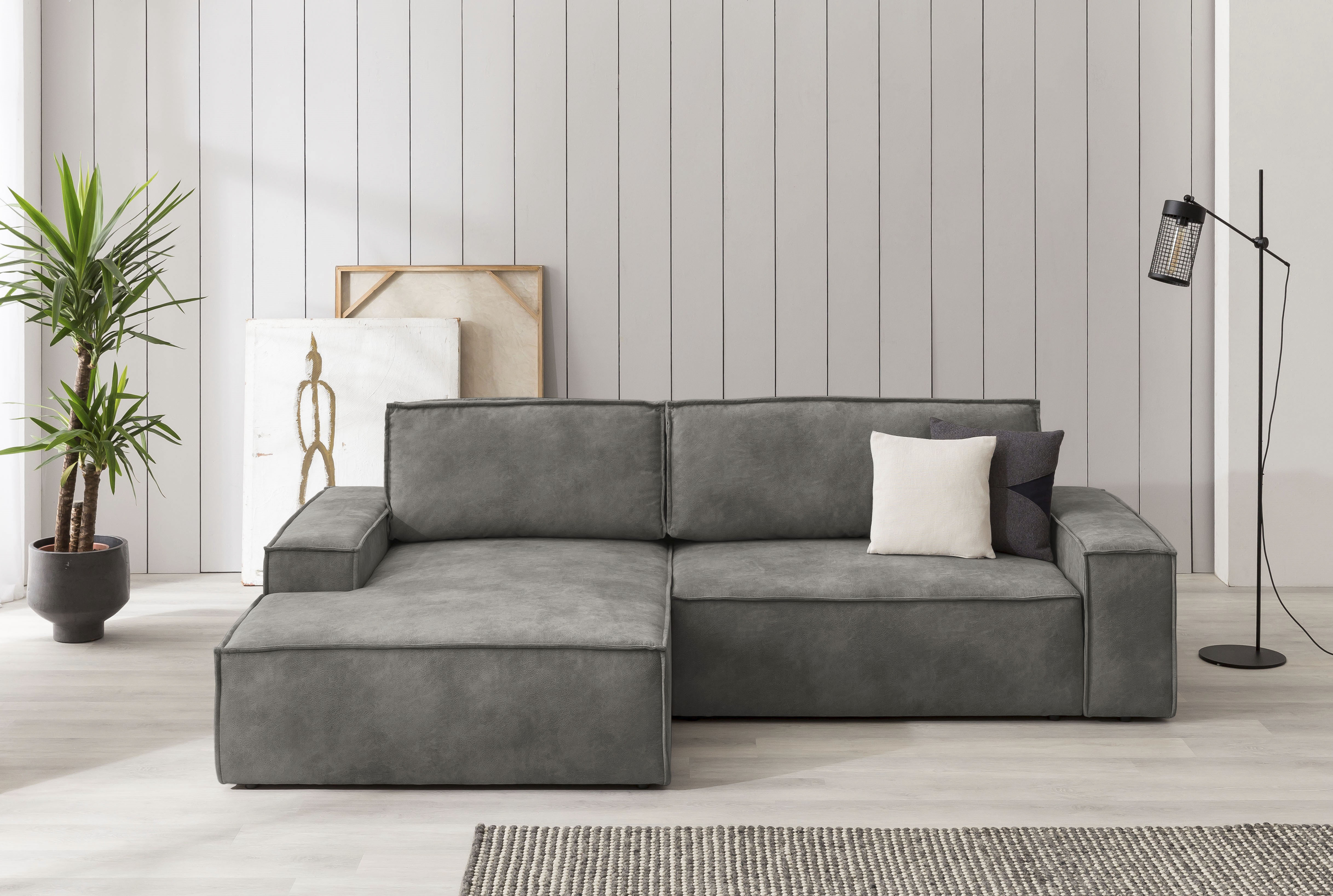 OTTO home Ecksofa "SHERWOOD Vintage Lederoptik L-Form, 267 cm" Schlaffunktion mit Bettkasten (210x136 cm), Cord, Vintage, Samtvelours