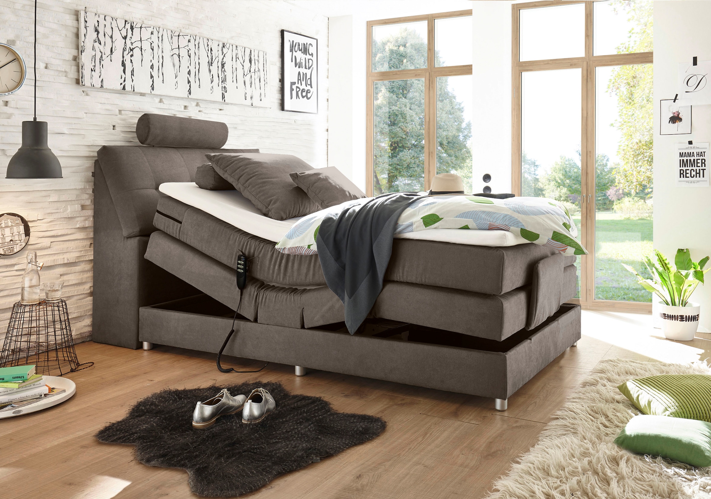 ED EXCITING DESIGN Boxspringbett »Palermo«, inkl. Motor, Topper, Kopfstütze und Stauraum im Kopfteil