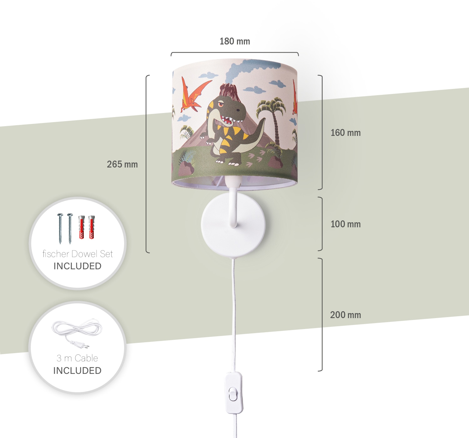 Kabel 636«, Mit | 3m Dinosaurier E14 Paco Wandleuchte flammig-flammig, Home âˆ…18cm Lampe 1 Kinderzimmer »Diamond BAUR