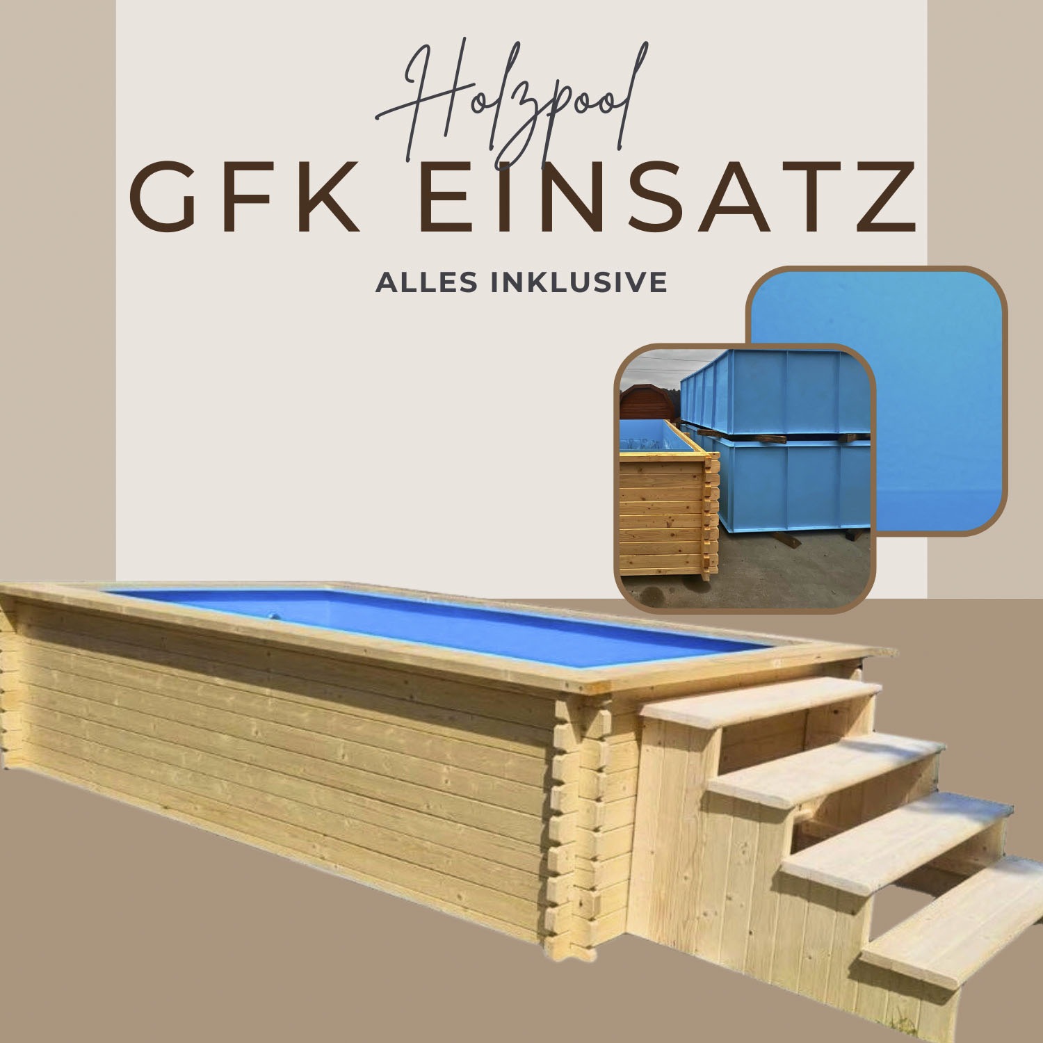 EDEN Holzmanufaktur Rechteckpool »Fix&Fertig Fichtenholz Pool«, inkl. blauem Einsatz, Dämmung, Einstiegstreppe & -Leiter, Wasserablauf