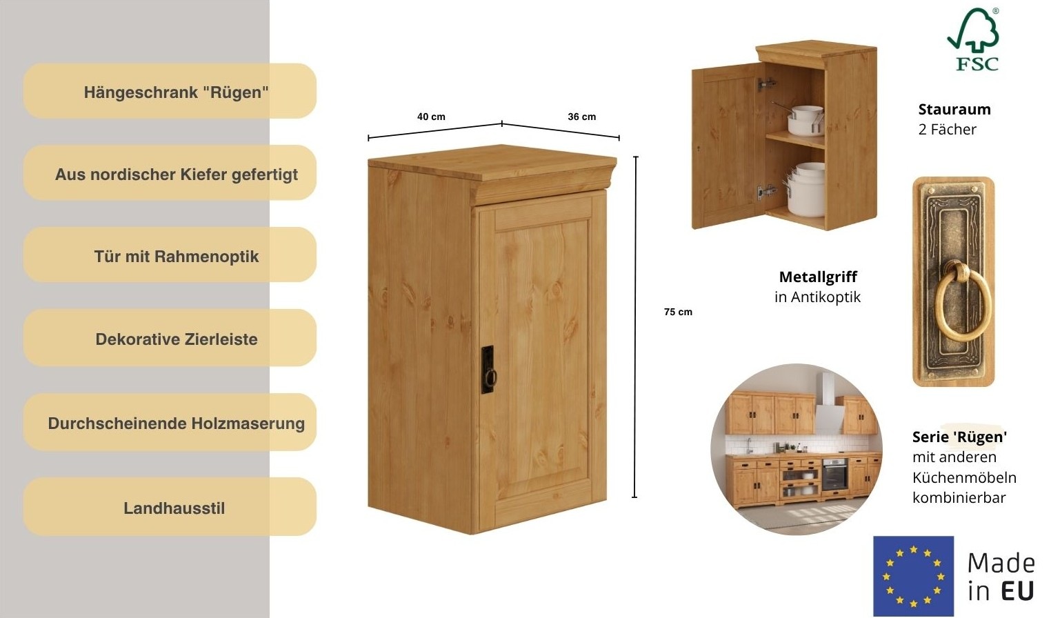 Home affaire Hängeschrank "Rügen", Breite 40 cm, FSC zertifiziertes Massivh günstig online kaufen