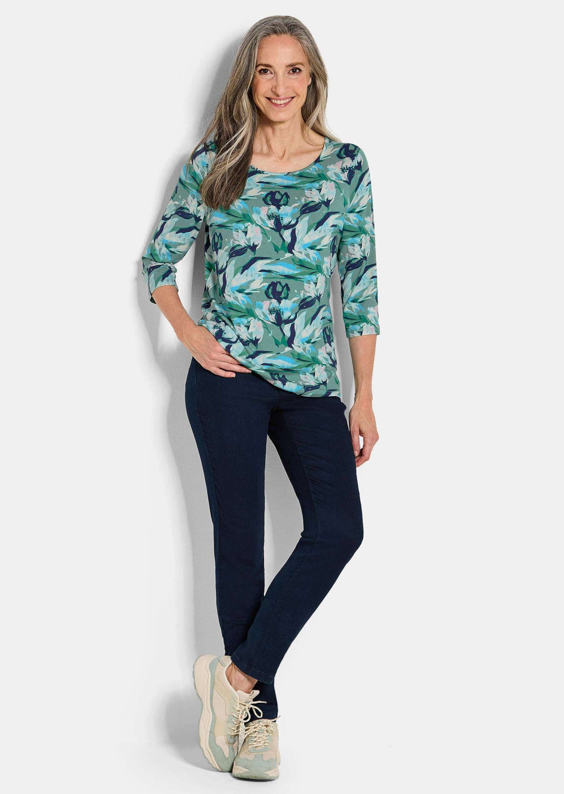 GOLDNER Kurzarmshirt "Kurzgröße Viskoseshirt floral, U-Boot-Ausschnitt" günstig online kaufen