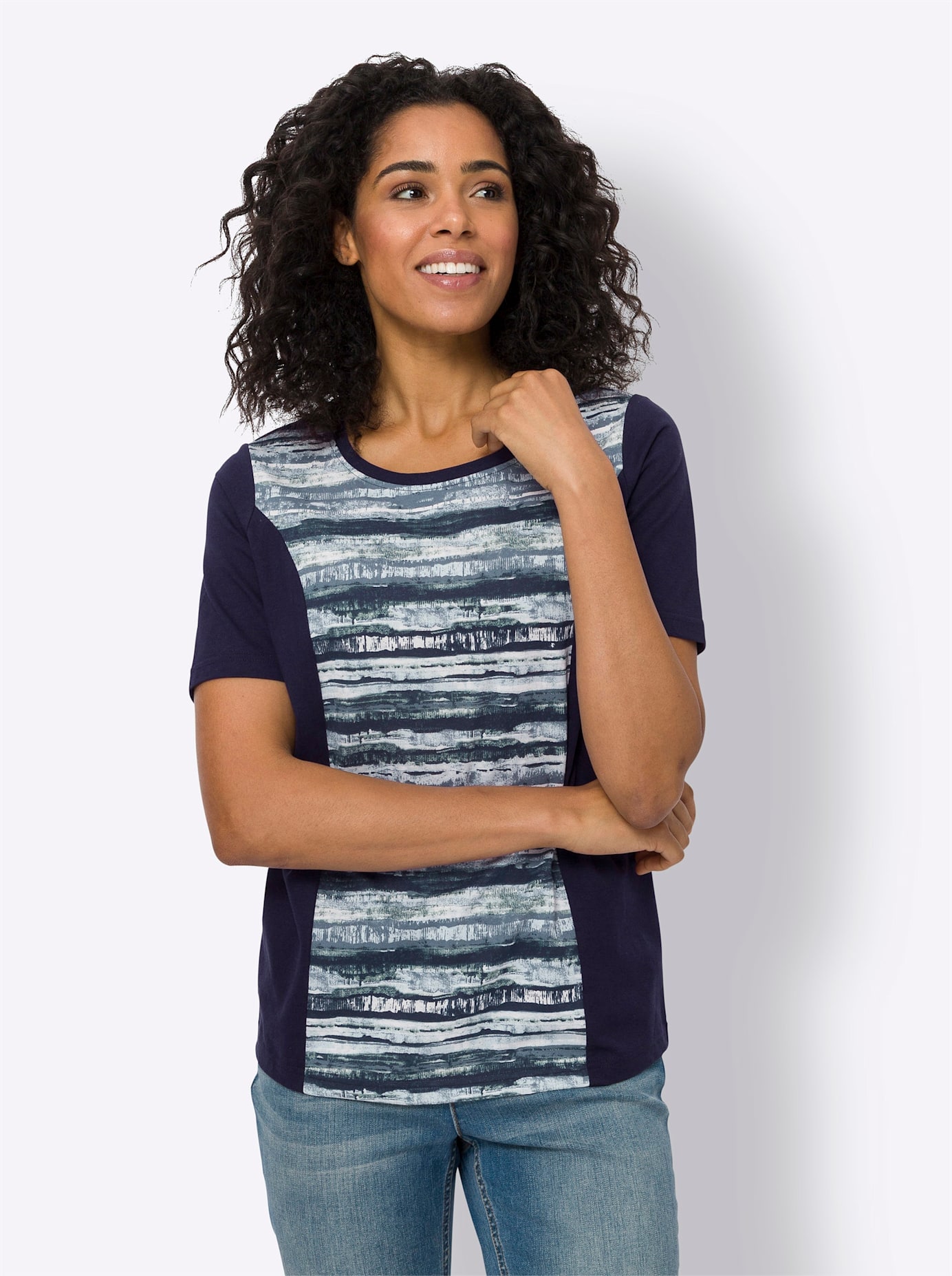 Kurzarmshirt CLASSIC BASICS "Shirt", Damen, Gr. 56, blau (marine, hellblau, bedruckt), 100% Baumwolle, gemustert, Rundhals, Shirts