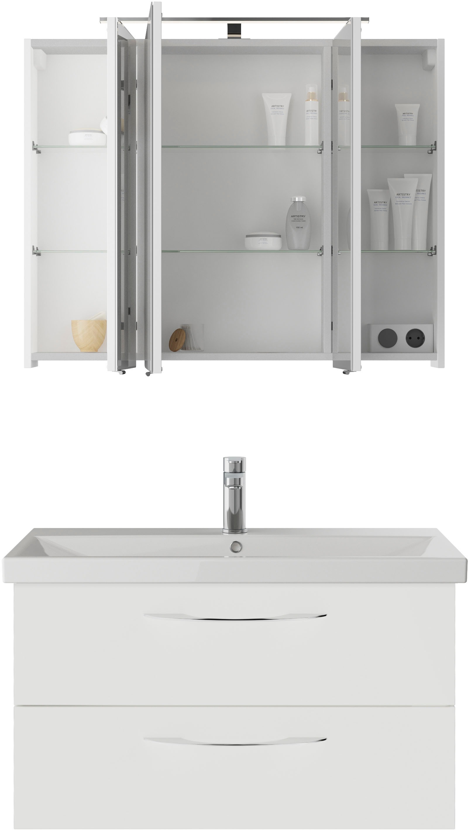 Saphir Badmöbel-Set »Serie 4035 2-teilig, Keramikwaschtisch mit LED-Spiegelschrank«, (Set), 90 cm breit, inkl. Türdämpfer, 2 Schubladen, 3 Türen, 6 Einlegeböden