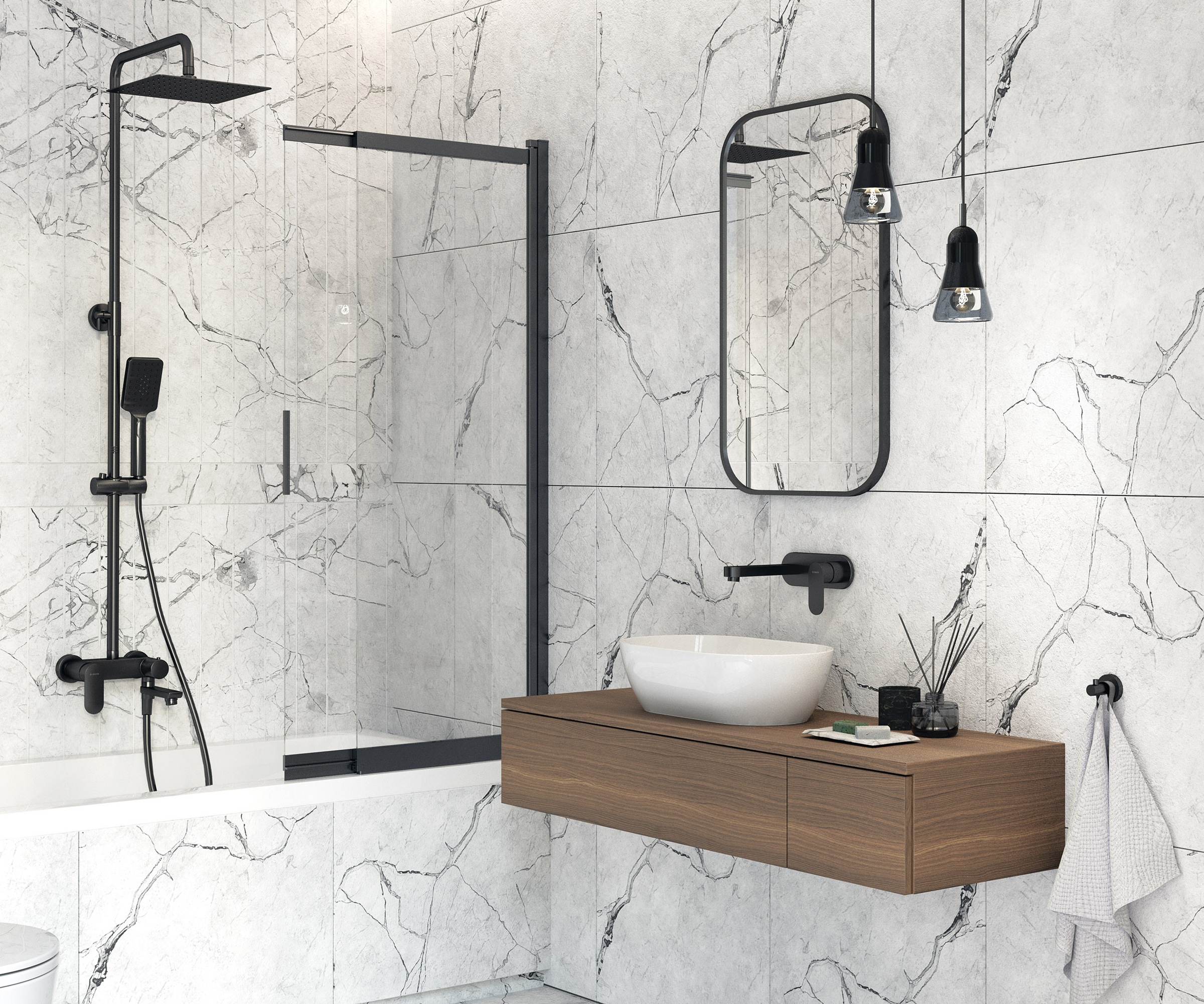 Deante Duschsystem »»Alpinia«, Badewannenbatterie + klappbarem Auslauf, Nero-Beschichtung«, verstellbare Höhe, Einstellbereich: 109-163cm