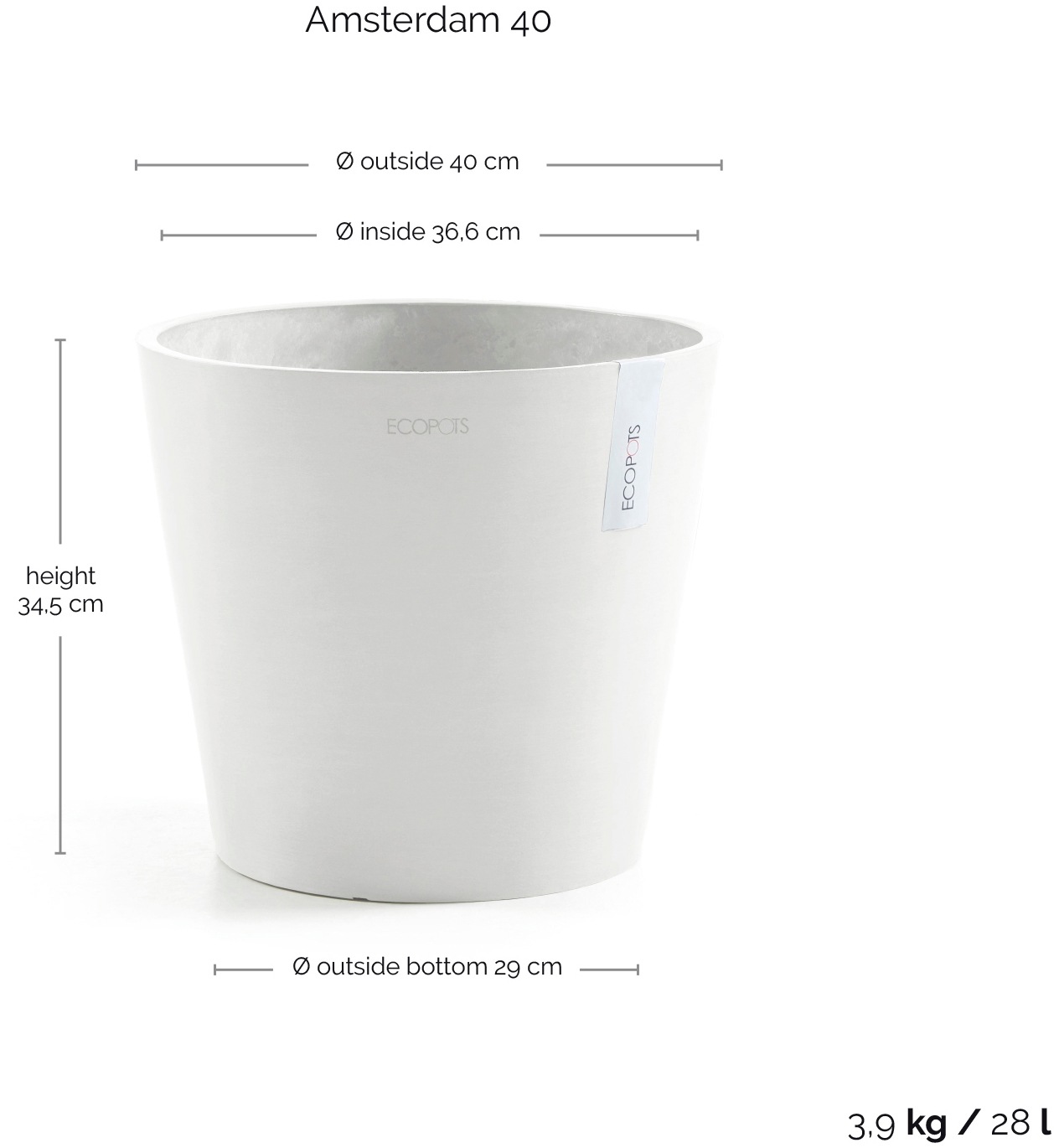 ECOPOTS Blumentopf »Amsterdam 40 Weiß«, für innen und außen: frostsicher, bruchsicher und lichtbeständig