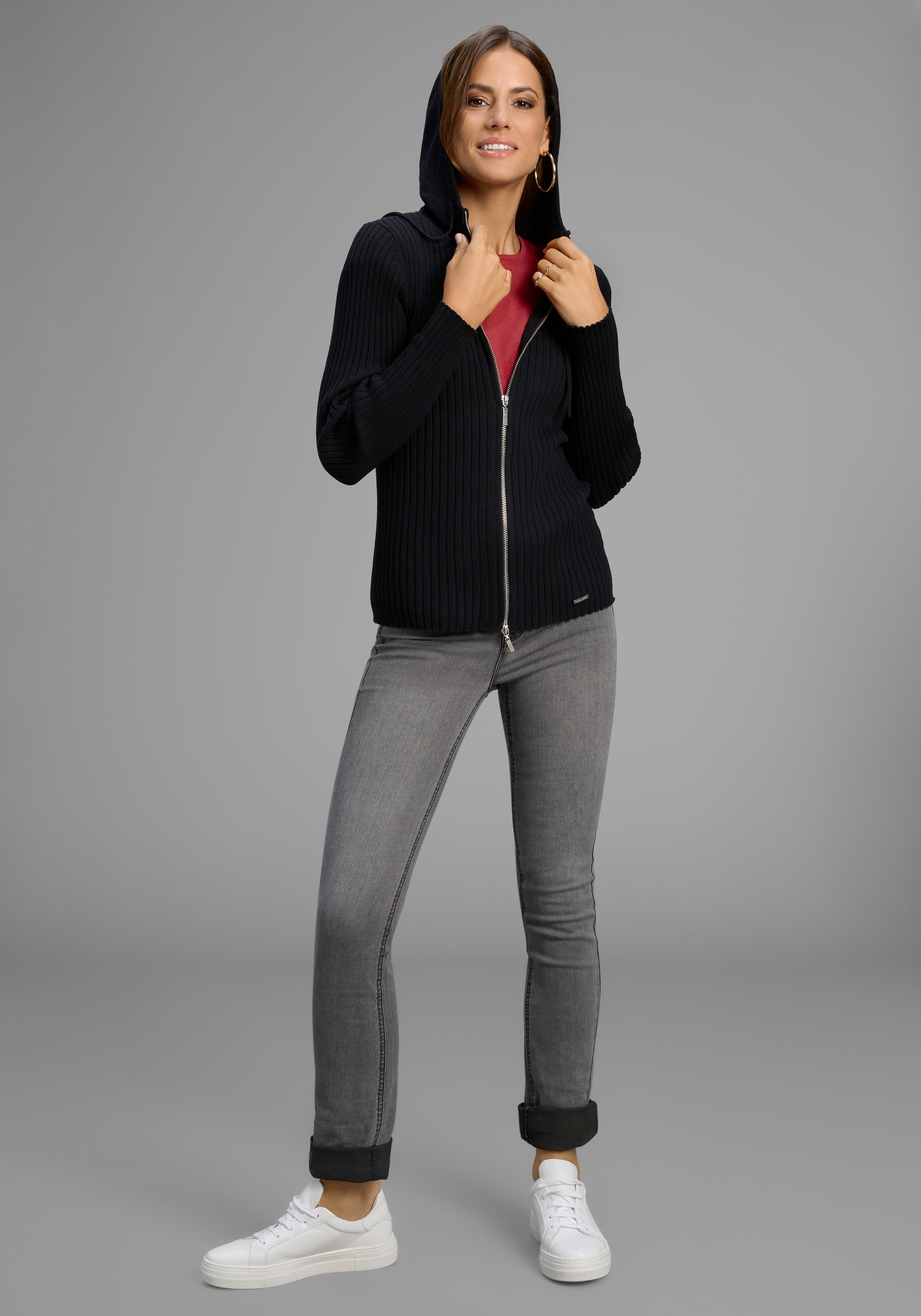 Laura Scott Kapuzenstrickjacke Feinstrick mit Rippe mit 2-Wege-Reißverschluss - NEUE KOLLEKTION