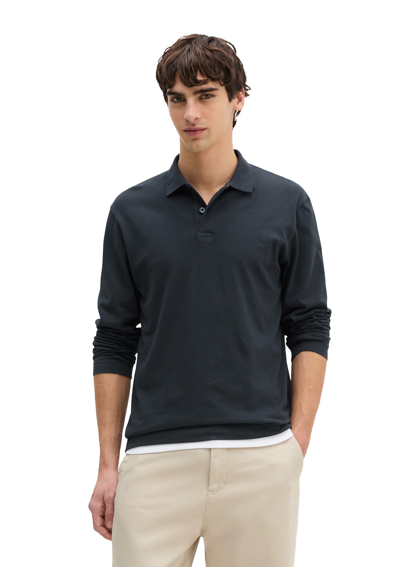 Langarm-Poloshirt MARC O'POLO "aus Baumwoll-Leinen-Mix", Herren, Gr. XL, schwarz navy, Obermaterial: 80% Baumwolle, 20% Leinen, unifarben, regular fit, Shirts