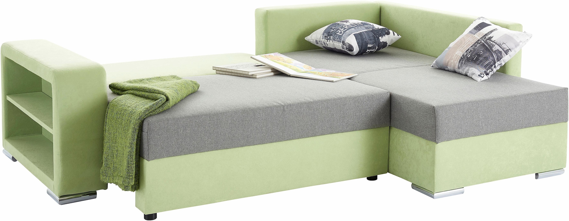 Ecksofa John mit Bettfunktion, Bettkasten und Regalarmteil