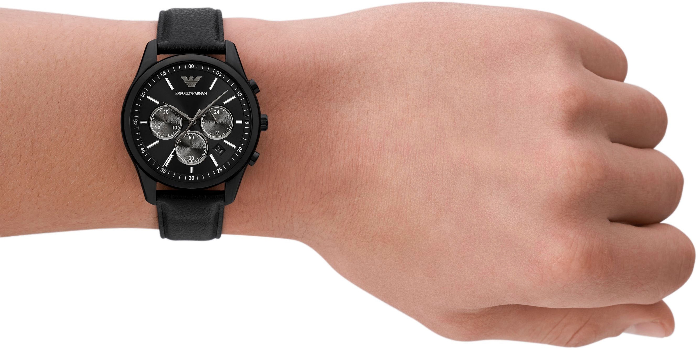 Emporio Armani Chronograph, Quarzuhr, Armbanduhr, Herrenuhr, Stoppfunktion, Lederarmband, Datum