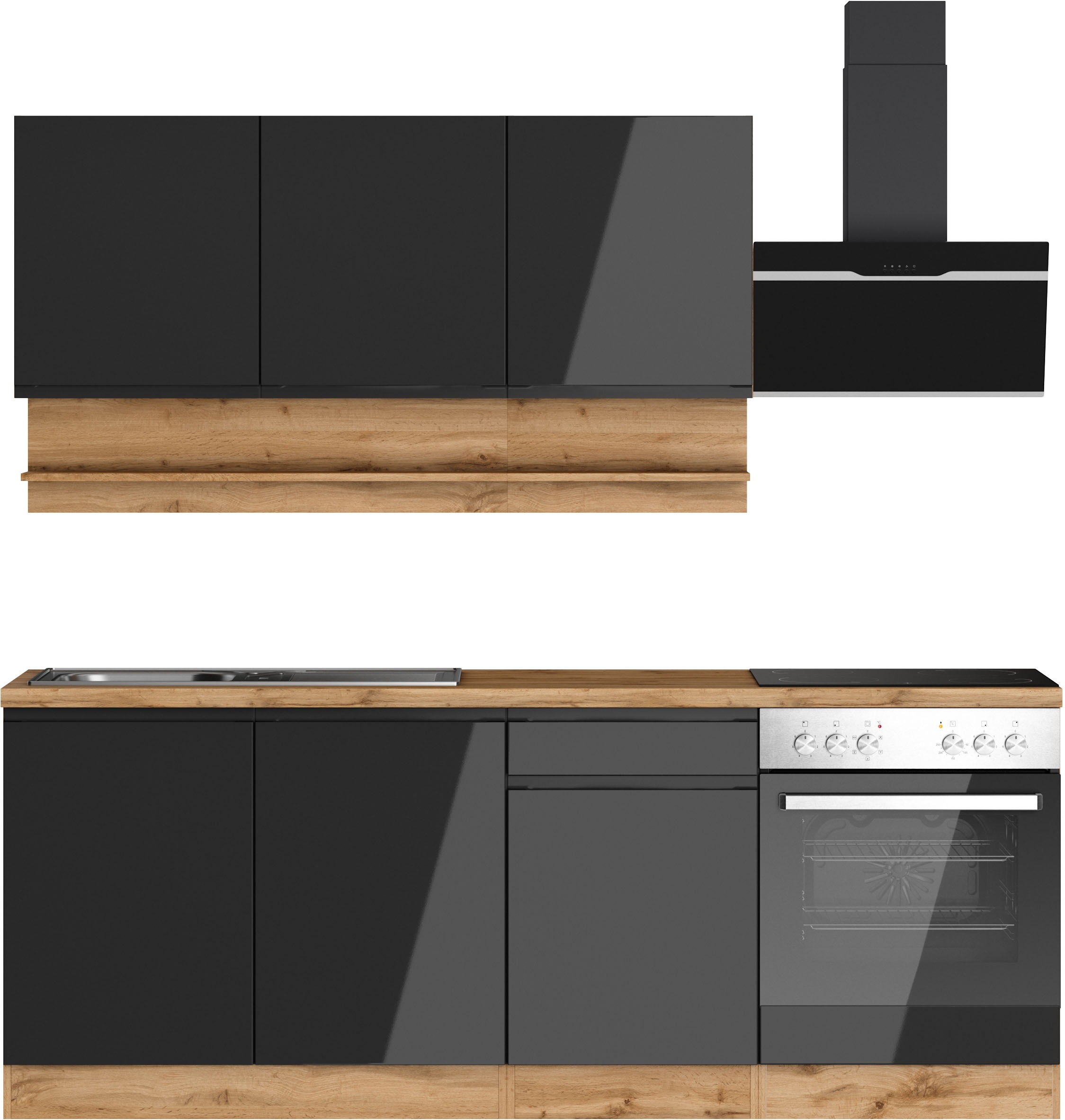 KOCHSTATION Küchenzeile "KS-Virginia,neu in verbesserter Ausführung" Arbeitsplatte 38 mm stark, Stauraum, Softclose, Breite 210 cm,Soft-Close,wahlweise mit E-Geräten