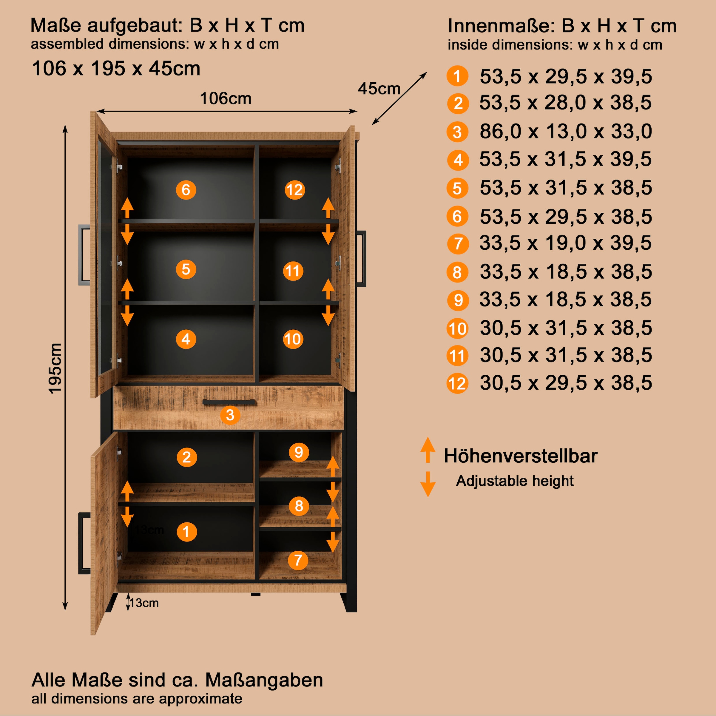 Home affaire Vitrine »Elda« 1 Stk. tlg. Vitrine mit 3 Türen & 1 Vollauszug Schublade - (B/T/H) 106/45/195 cm