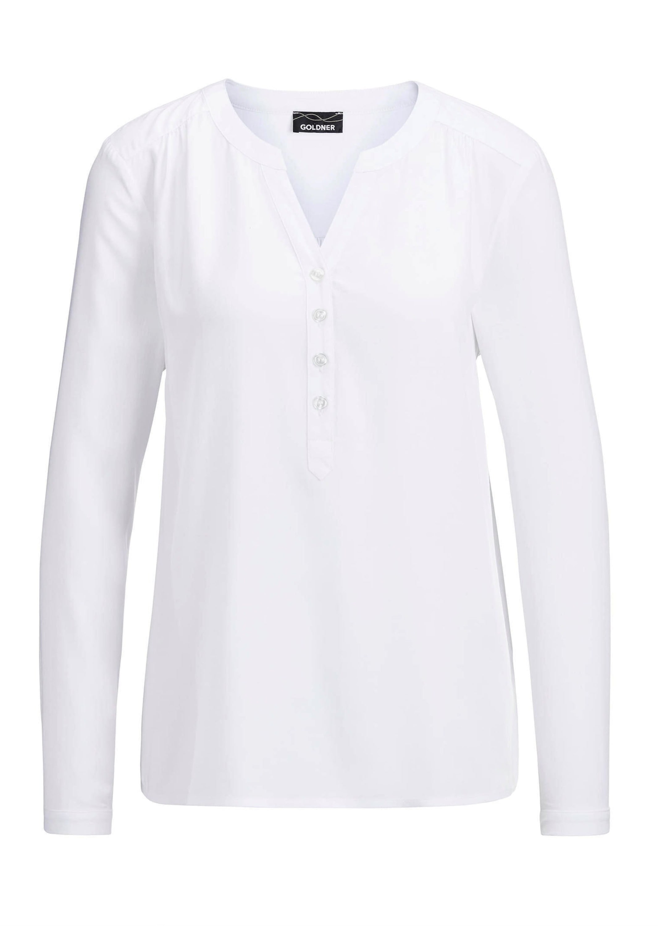 Schlupfbluse GOLDNER "Kurzgröße Elegante Viskosebluse mit V-Ausschnitt", Damen, Gr. 25, weiß, Obermaterial: 100% Viskose CV., Modisch, gerade, Tubular, Blusen Schlupfbluse, Knopfleiste