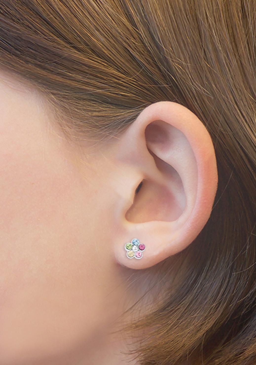 Paar Ohrstecker AMOR "Blüten", bunt (silberfarben, gelb, grün, pink, hellblau, rosa, gelb, grün, pink, hellblau, rosa), Ohrringe, Mädchen, 5mm, Silber 925 (Sterlingsilber), mit Kristallstein 3