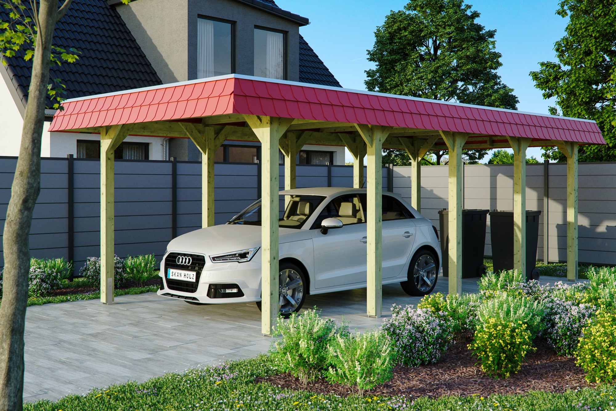 Skanholz Einzelcarport »Spreewald«, Nadelholz, 285 cm, Grün, mit Aluminiumdach, rote Blende