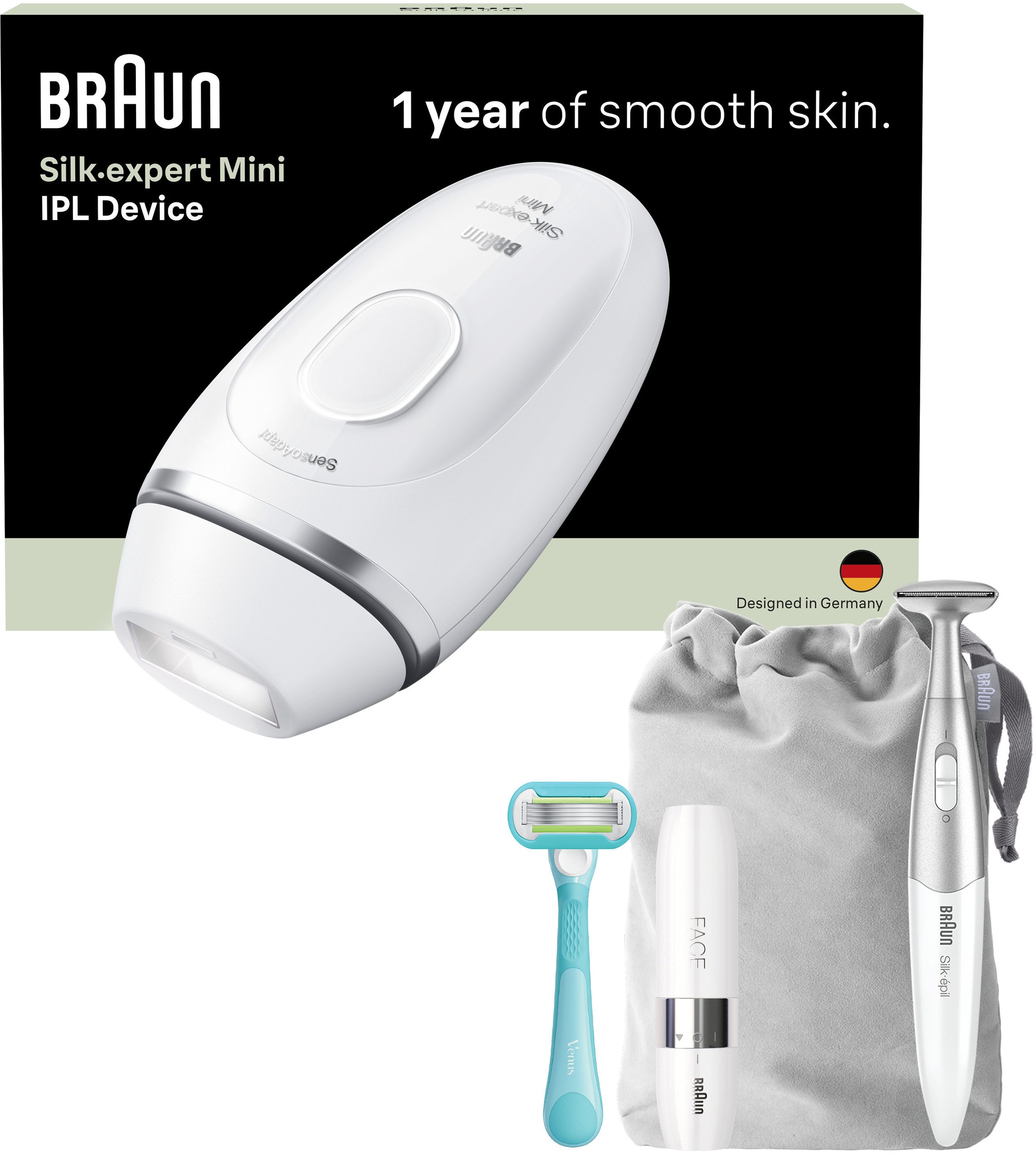 BRAUN Damen IPL-Haarentferner "Silk-expert Pro IPL PL1115"weiß, silber, IPL-Haarentferner, mit Tasche, Mini-Gesichtshaarentferner, Bikini-Trimmer,