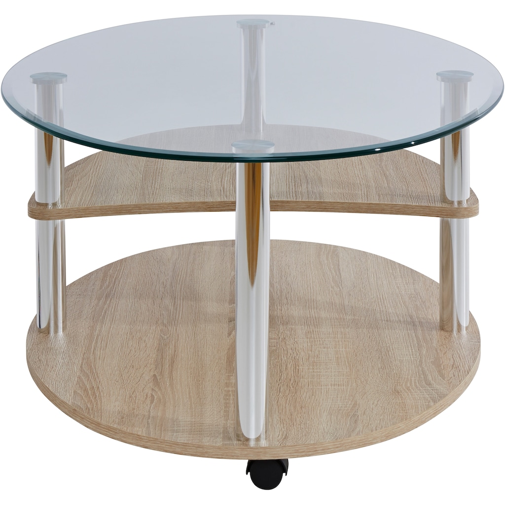 Wohnen Tische PRO Line Couchtisch, mit Glasplatte, Gestell aus Holz und Metall, mit Ablageboden, mit Rollen, Form oval 
